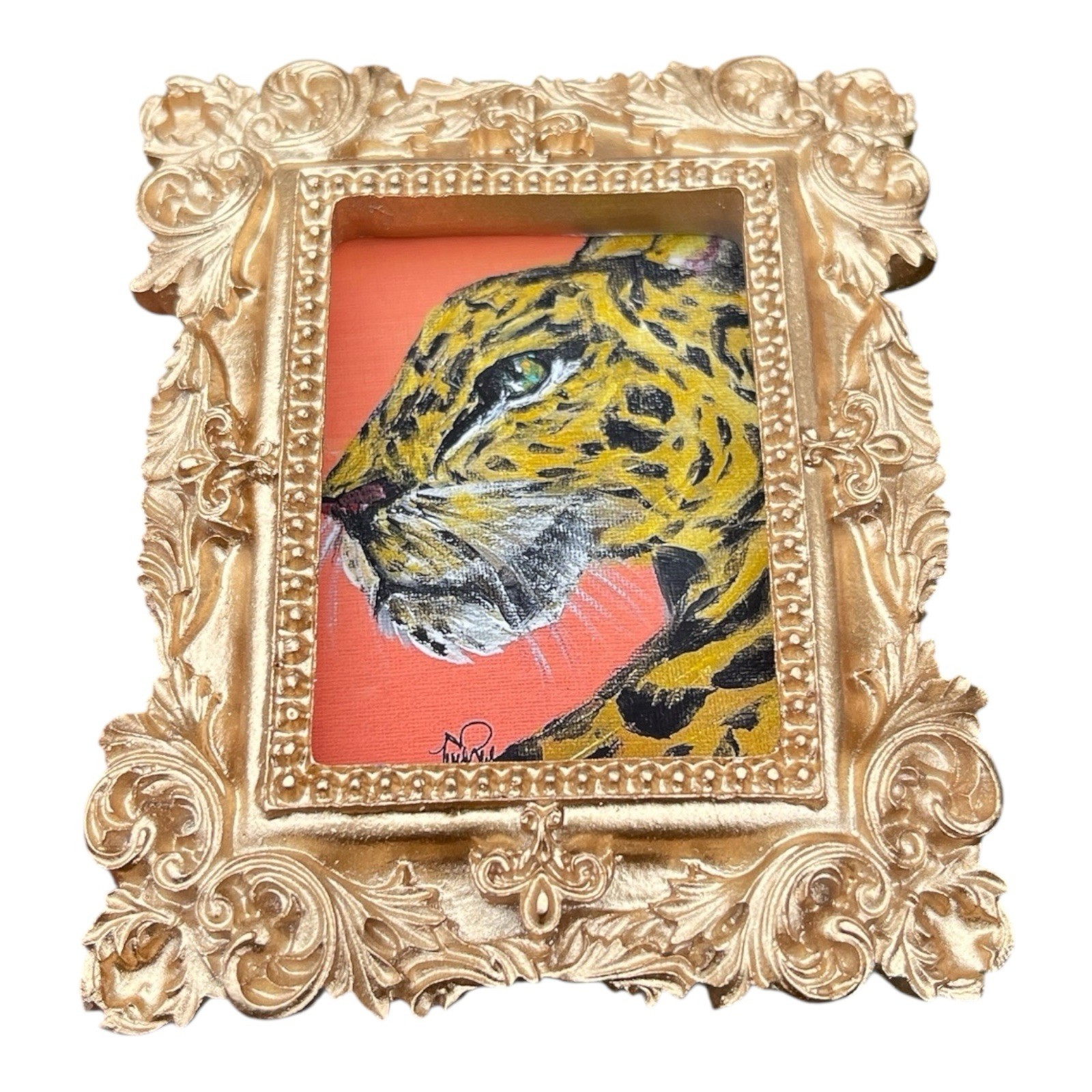 Leopard “Big Cat” watercolor print in mini gold vintage style ornate frame