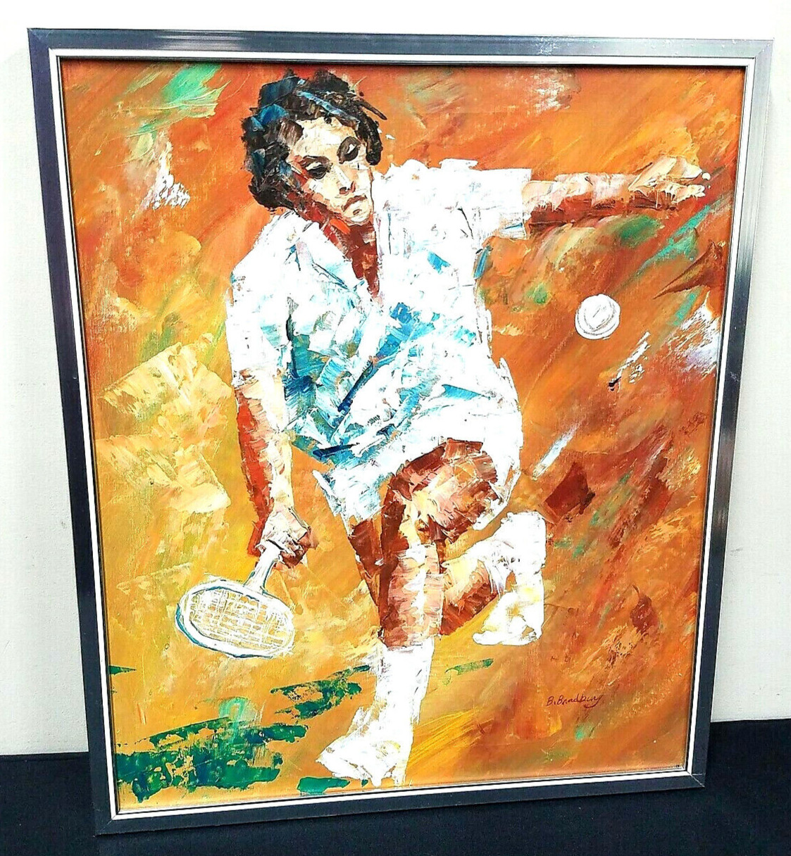 B BRADBURY SIGNED OIL PAINTING OF TENNIS PLAYER IN ACTION 25″ X 21″