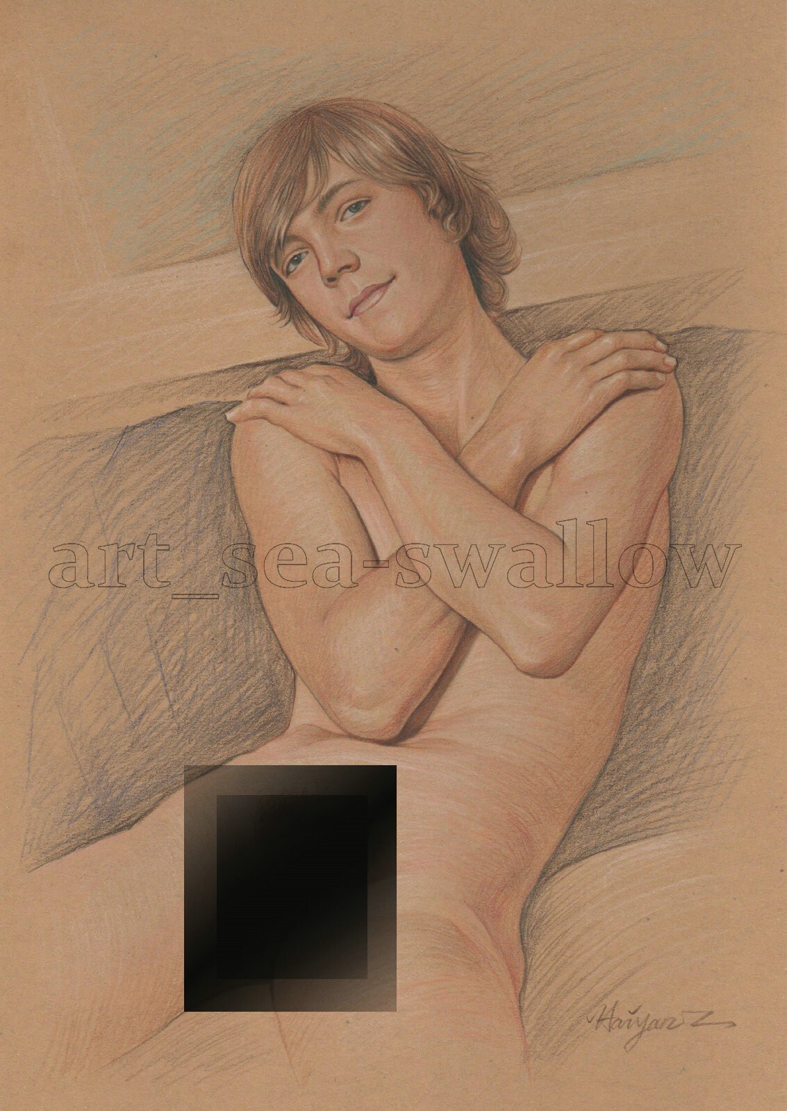 Original drawing A4 Art Colored Pencil painting male model on kraft paper 063