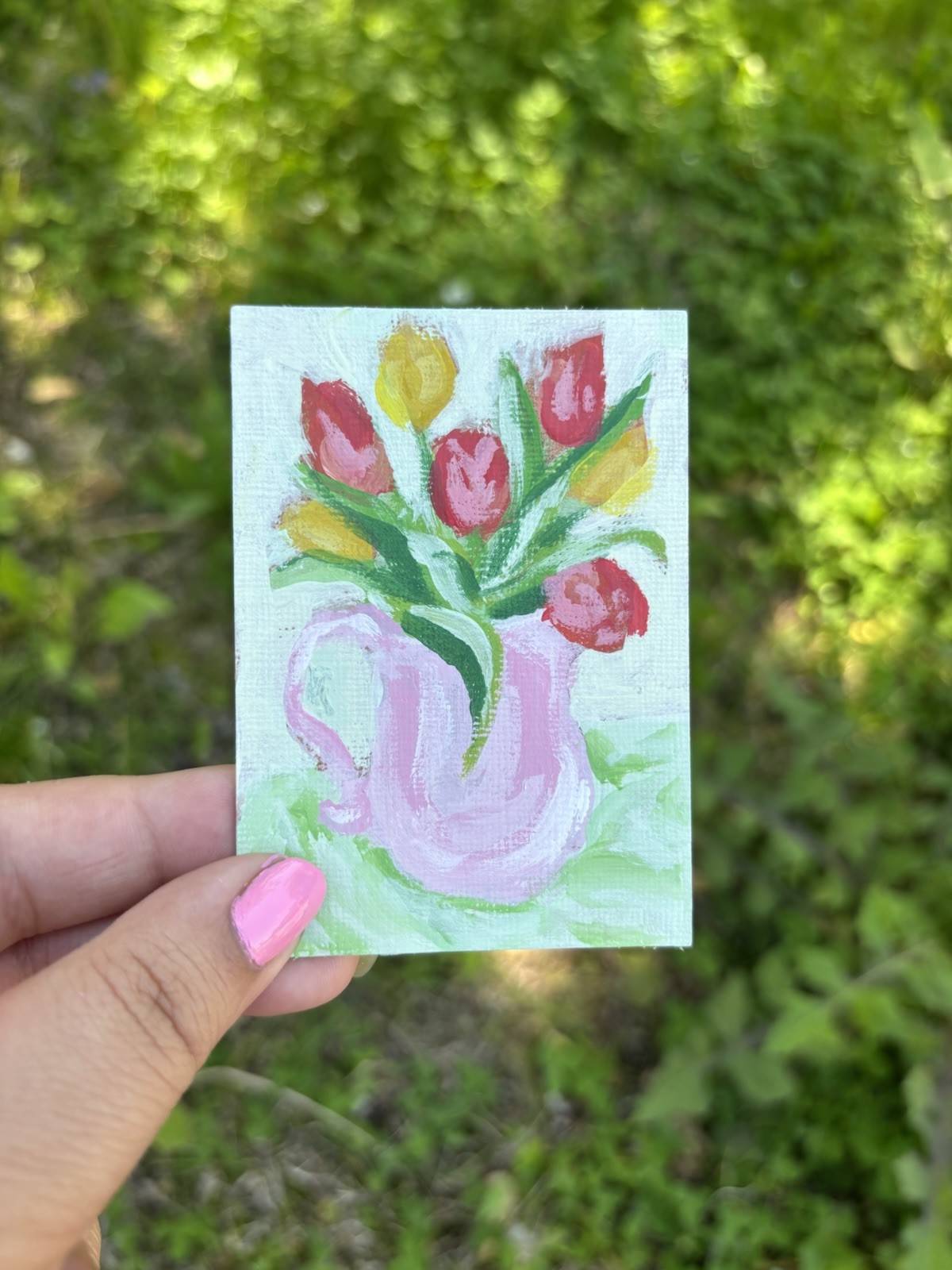 ACEO Original Art Flower Still Life Pink & Green miniature acrylic painting ART