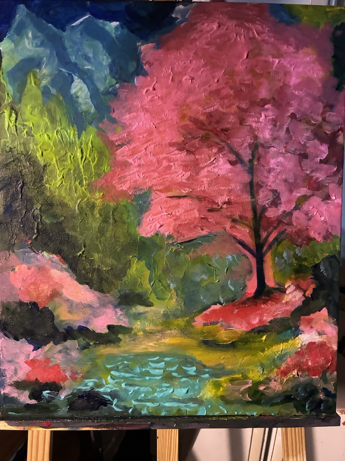 Impressionist Pink Tree Landscape Acrylic Painting Original Artwork On Canvas
