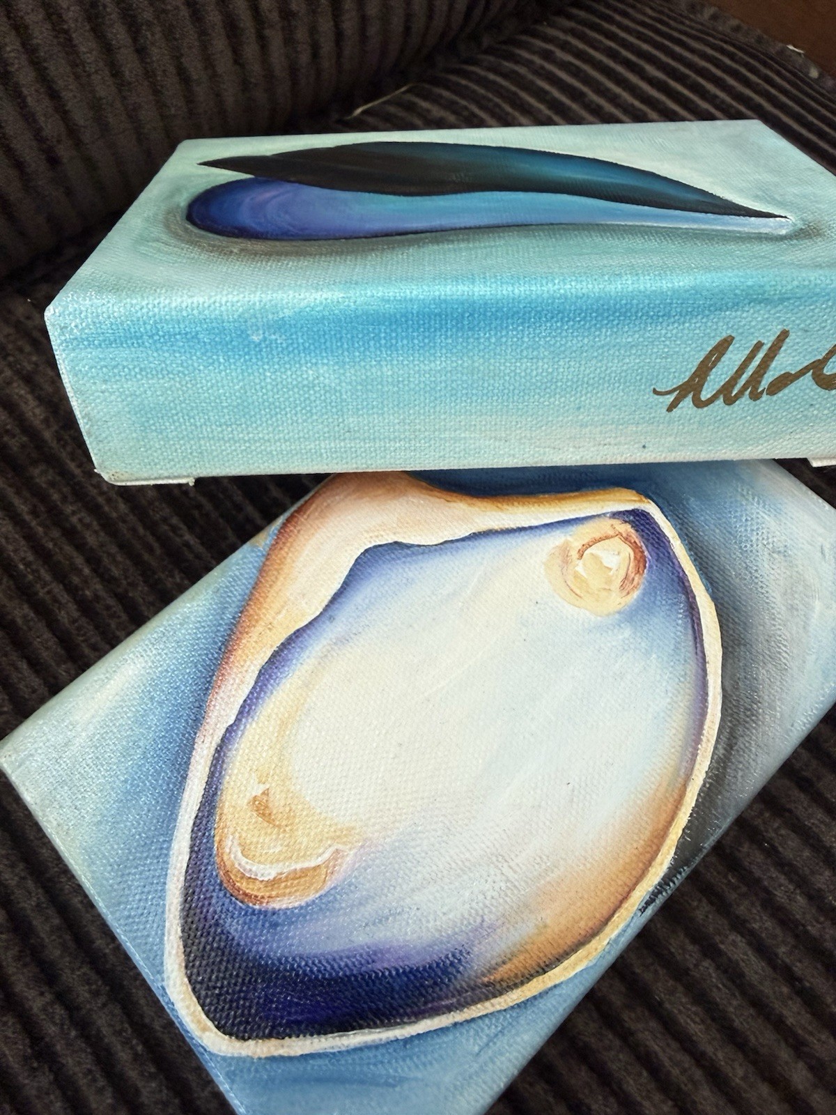 Original Acrylic Shell Paintings Set Contemporary Miniature Canvas Signed