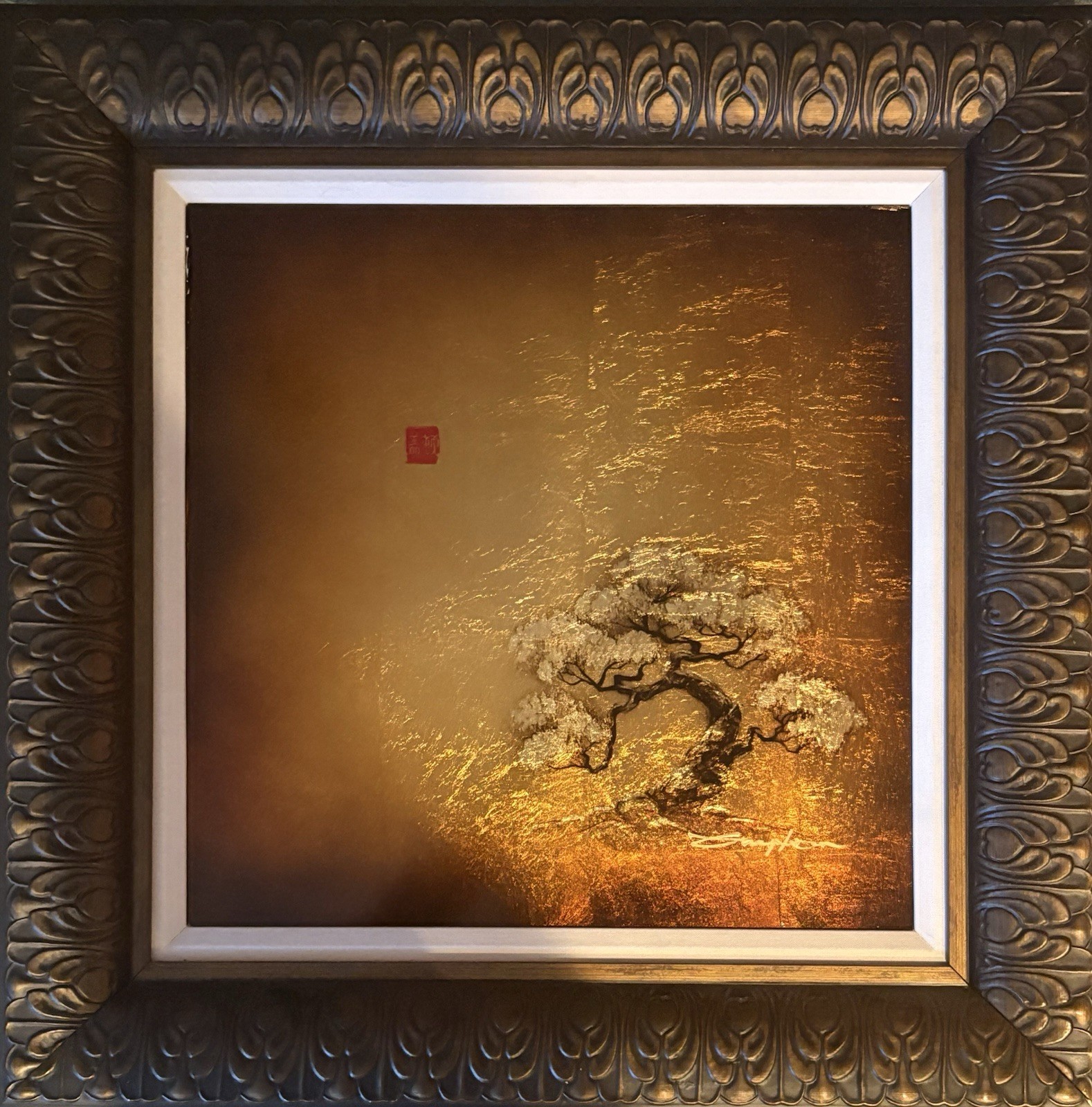 Patrick Guyton Golden Tree w/ Red Chop Painting On Aluminum Gold Leaf