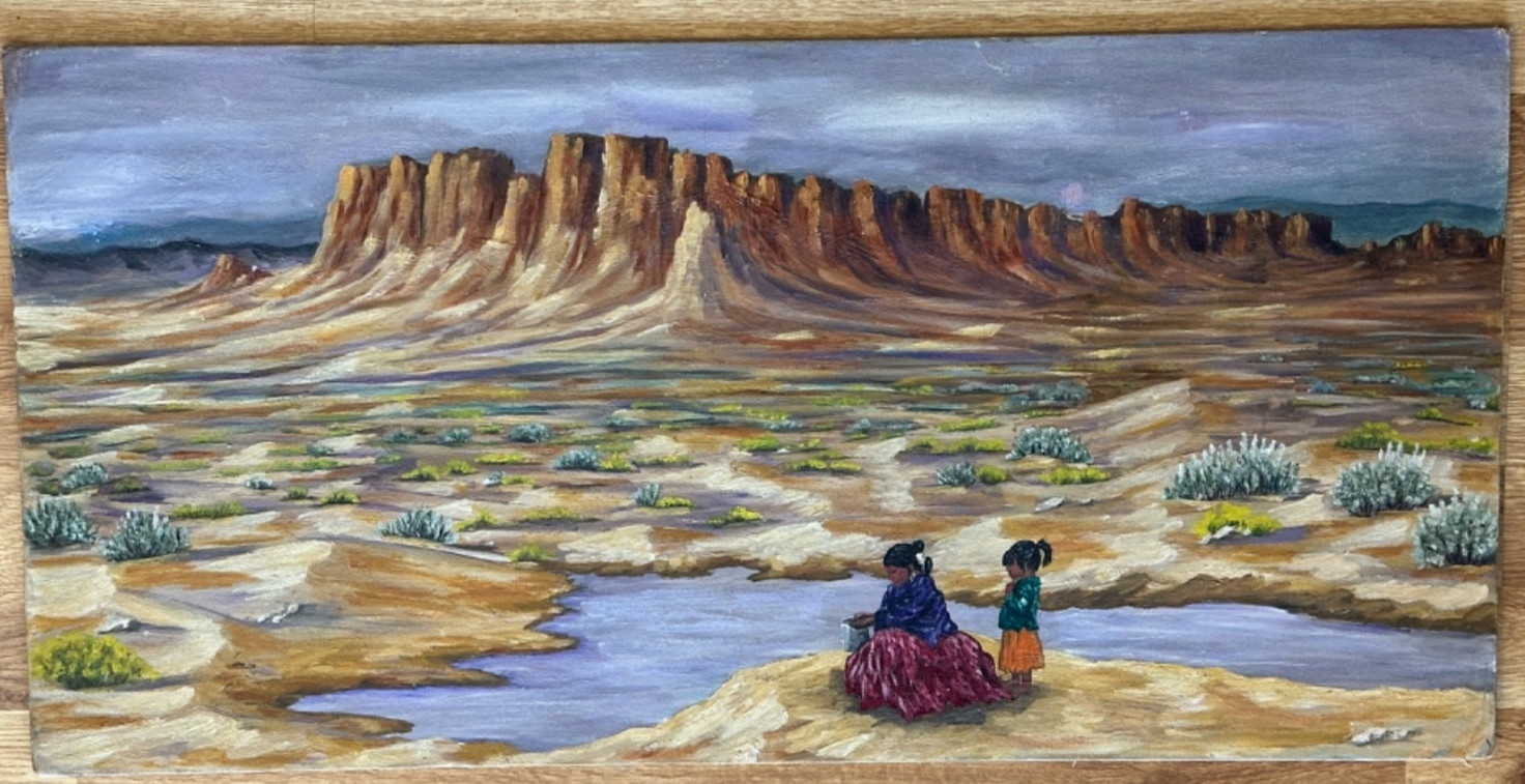 RENEE CANDELARIA FLETCHER EXTREMELY RARE NEW MEXICO OIL PAINTING 1967 15″ X 30″