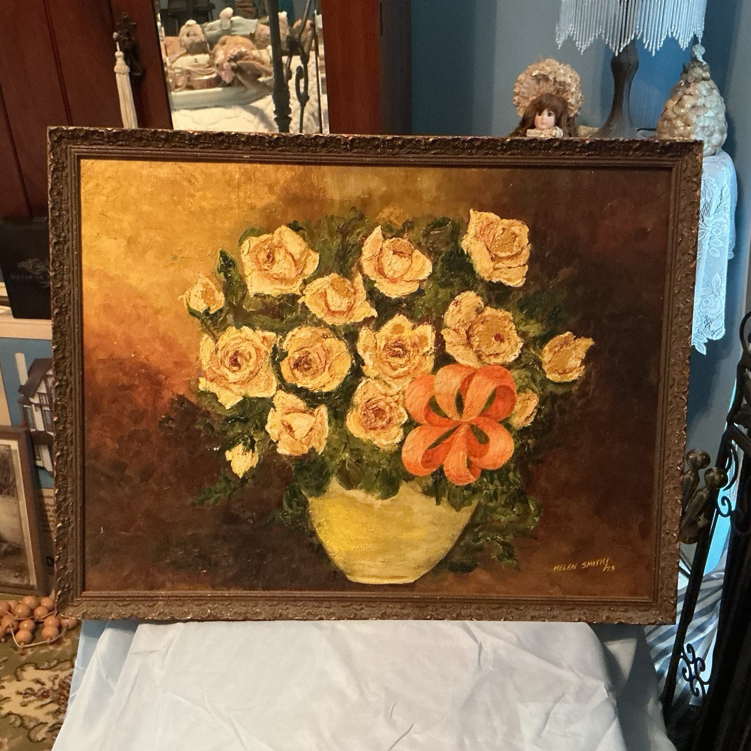 Helen Smith Large 1955 Framed Signed Floral Still Life Roses Vase Painting