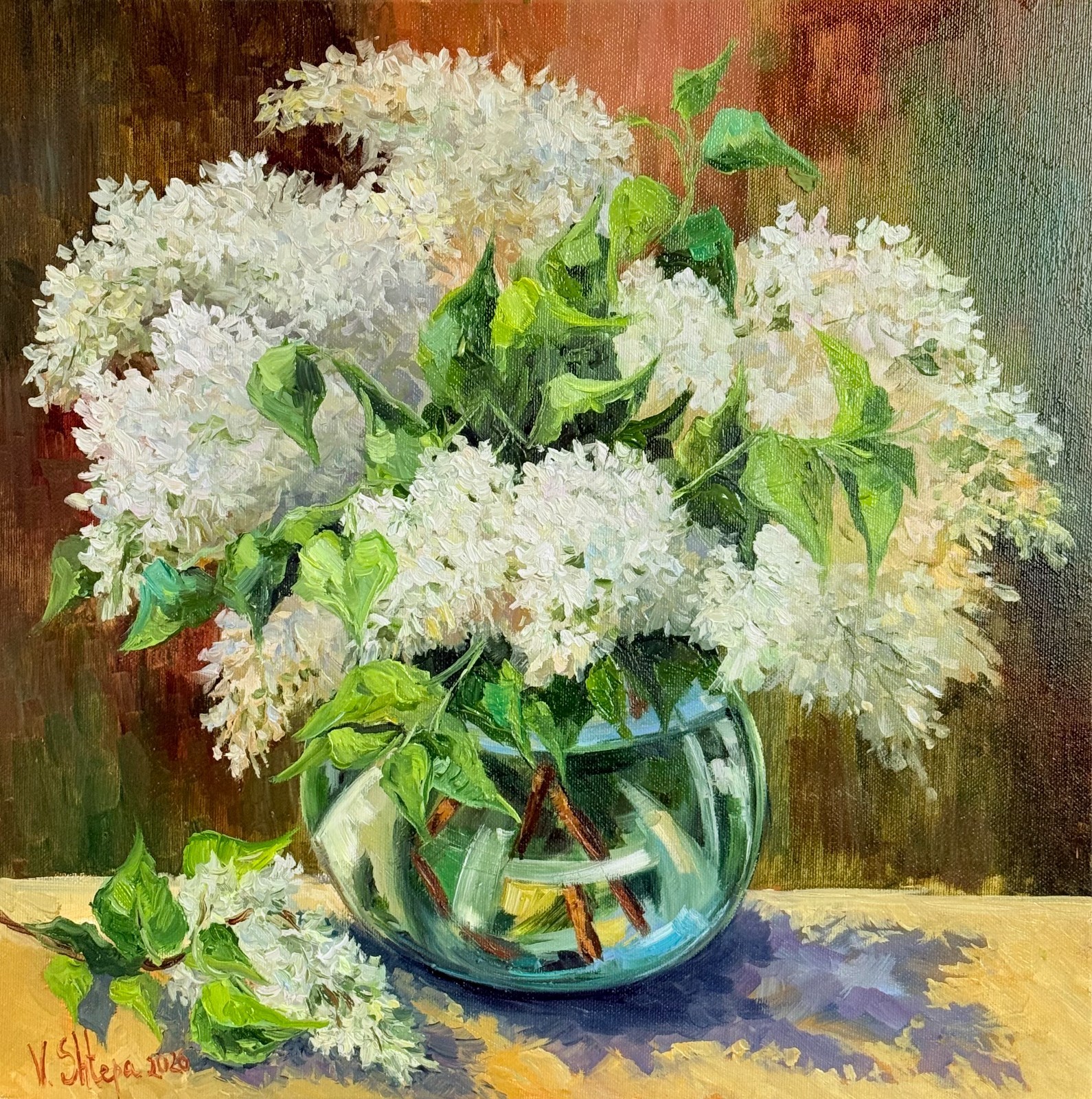 Original Oil Painting White Lilac Flowers Spring Still Life Art Signed 16×16 in