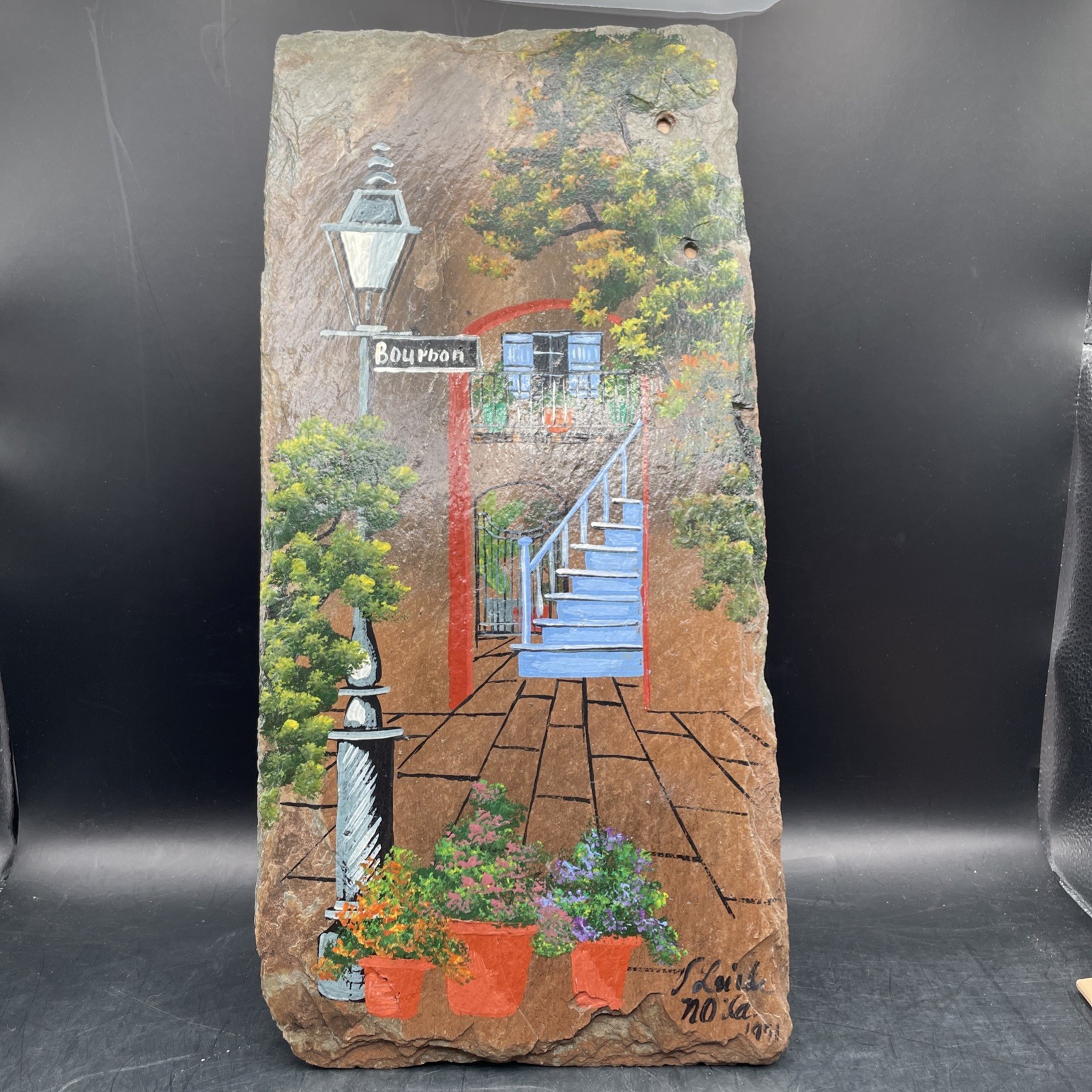 VTG Artist Pierre Vivian Laiche New Orleans Bourbon Street Slate Tile 7.5×16”