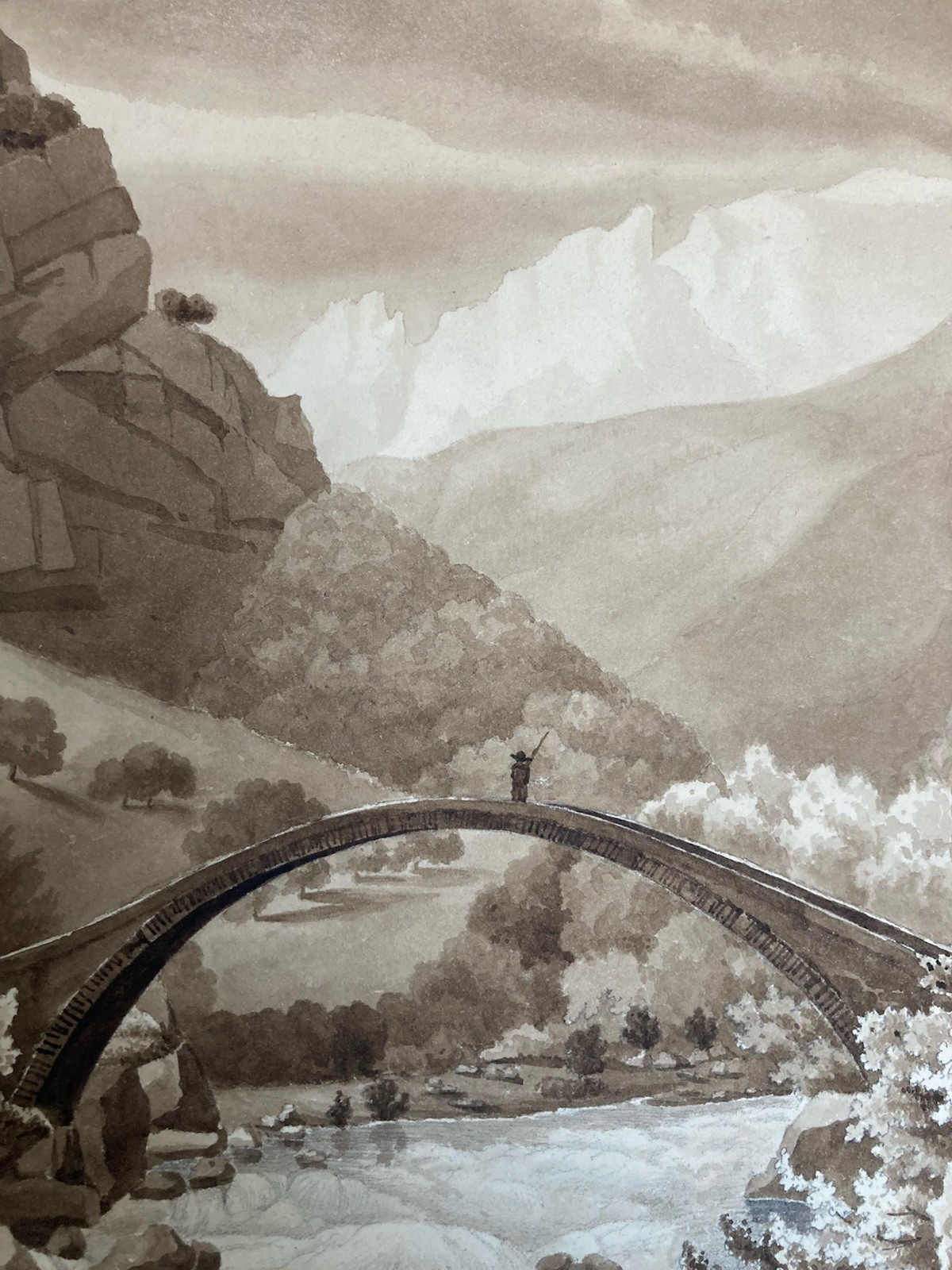 Very Pretty Painting Lavis Ink Paper Xixth 1850 Mountain Bridge to Identify Art