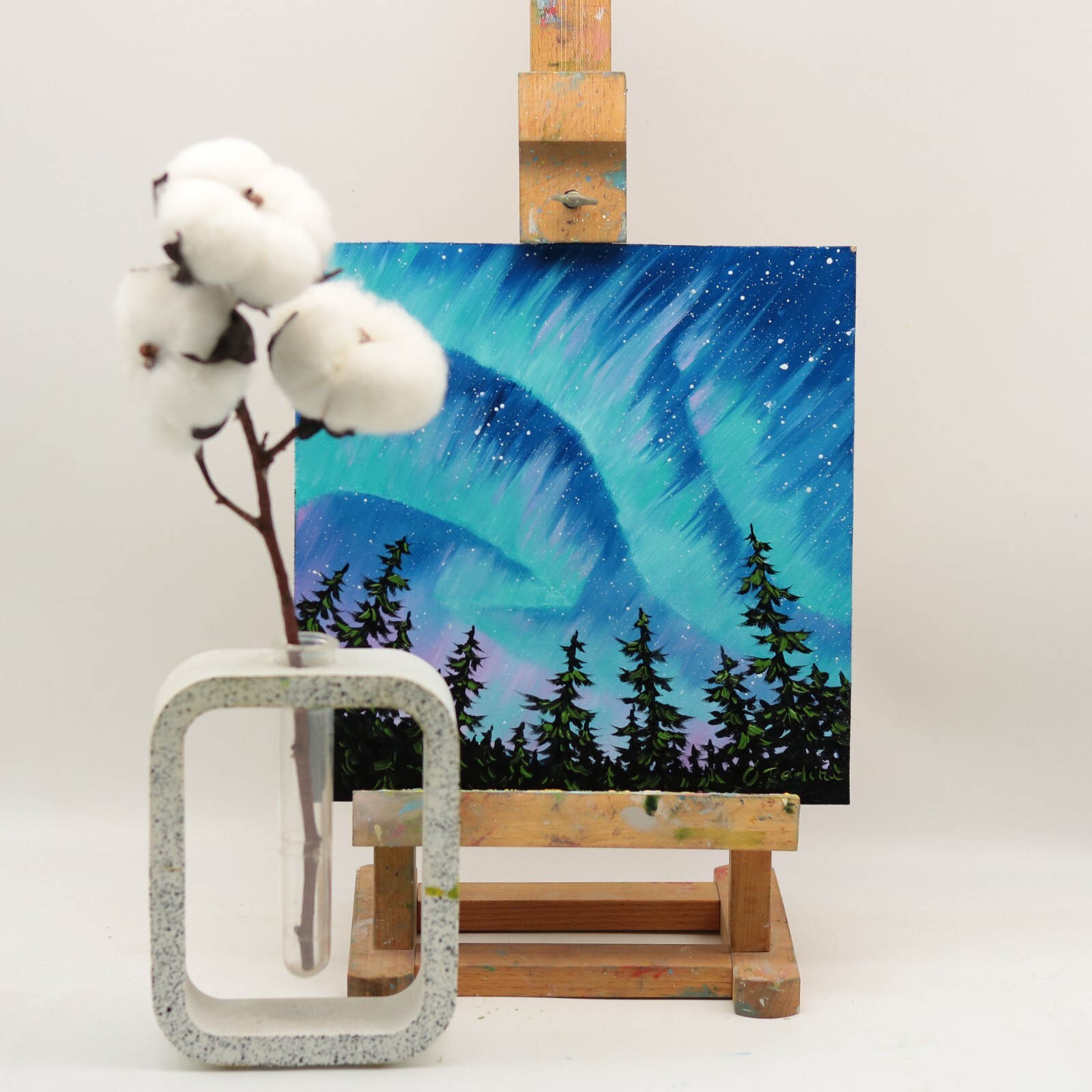 Northern Lights Oil Painting Original Pine Trees Under Aurora Borealis Night 8×8