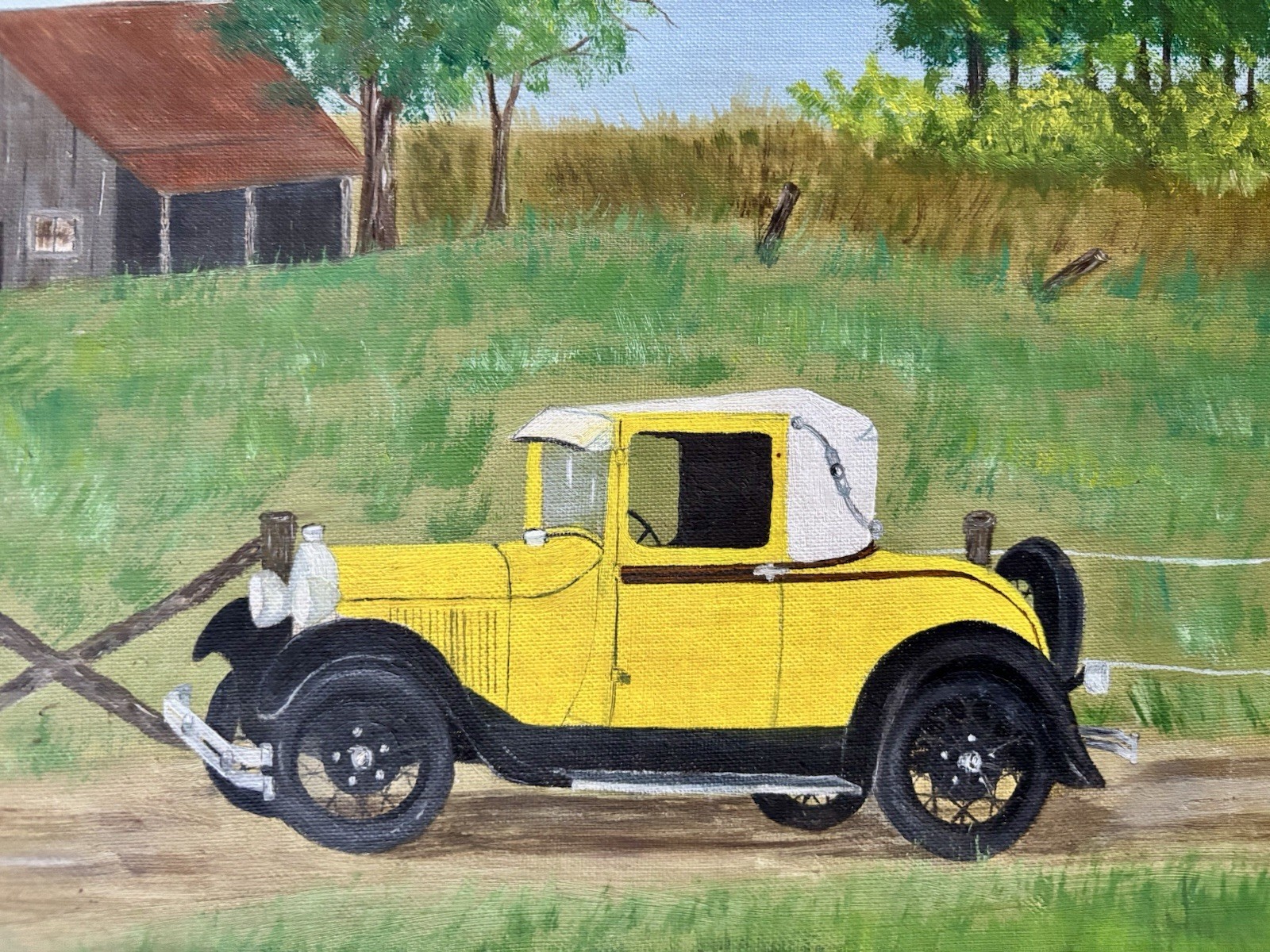 Antique Car Barn Scene Painting, Good Old Days 16” Yellow Coupe Model T Ford Art