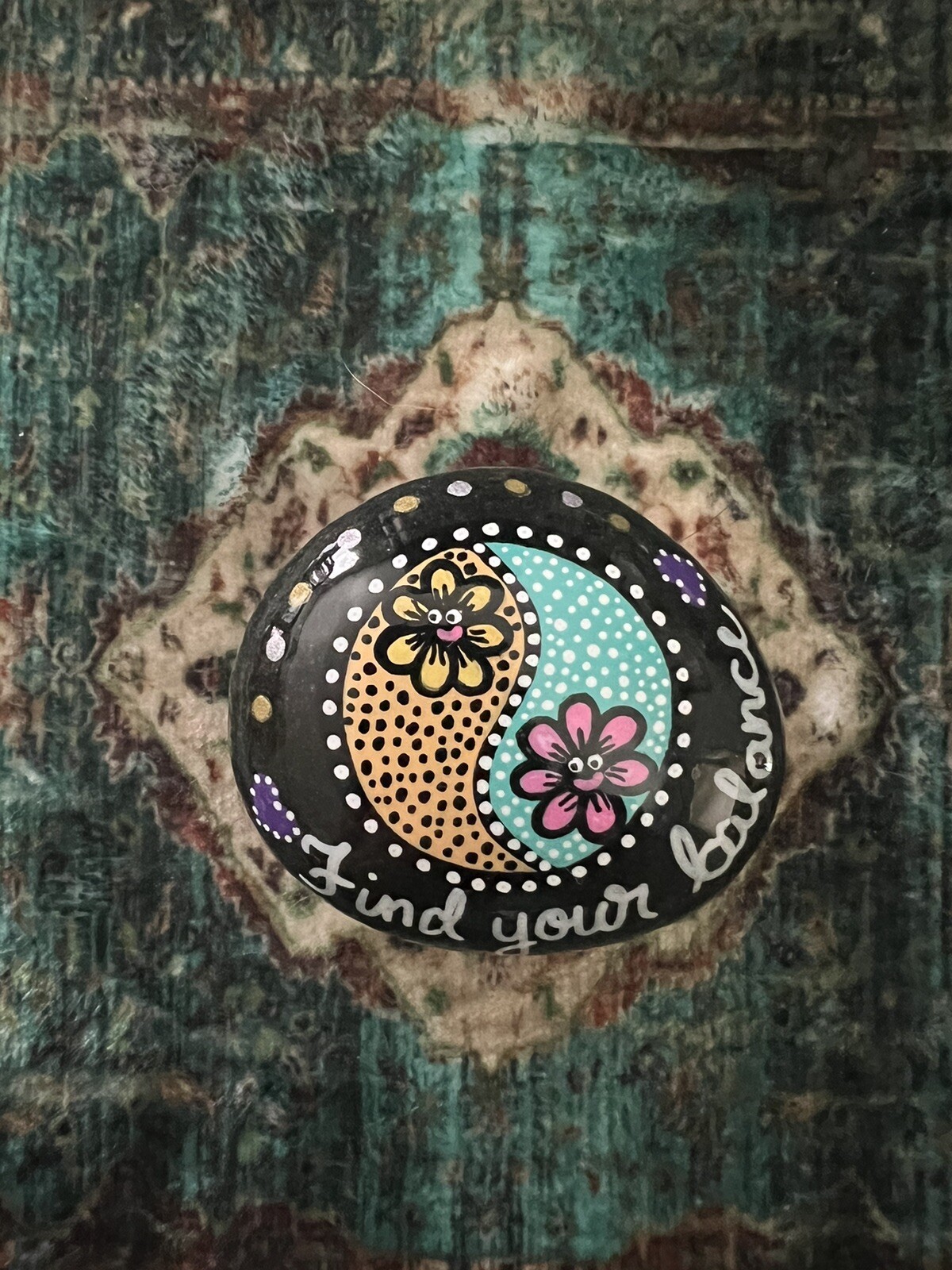 Acrylic Hand Painted Flower Ying Yang Balance Rock