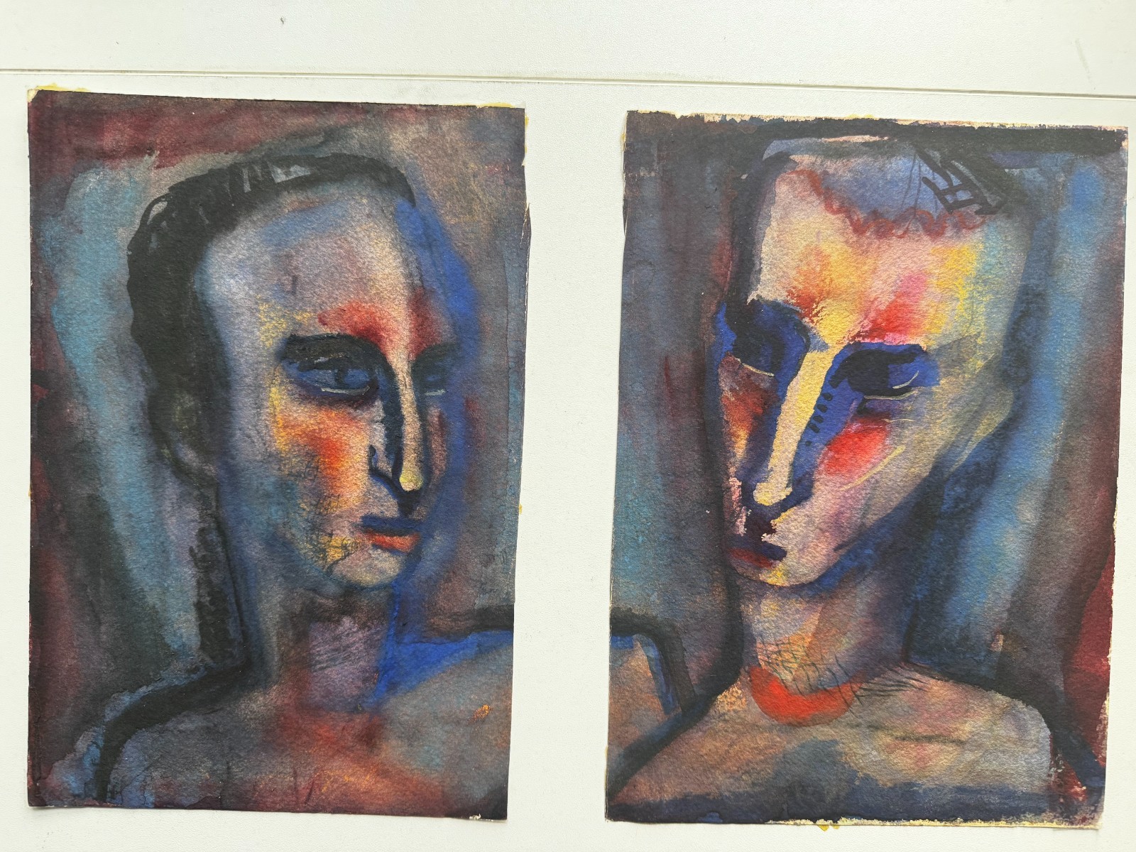 Pair (2) Vintage 1920s German Expressionist Watercolor Portraits Man Woman 7×10