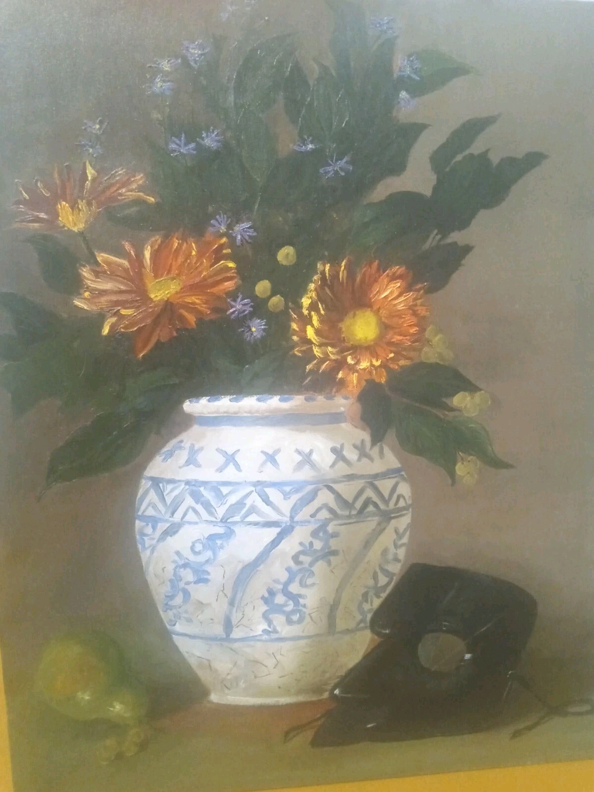 Vtg Oil Painting On Canvas Unframed Blue Vase Red Flowers Green Black Mask 24″