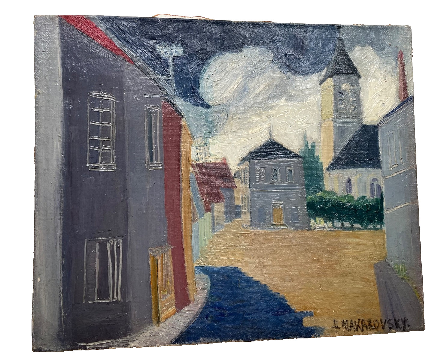 Helene MAKAROVSKY (1918-2001) Signed – Cubism Modernism Oil – Street and Church