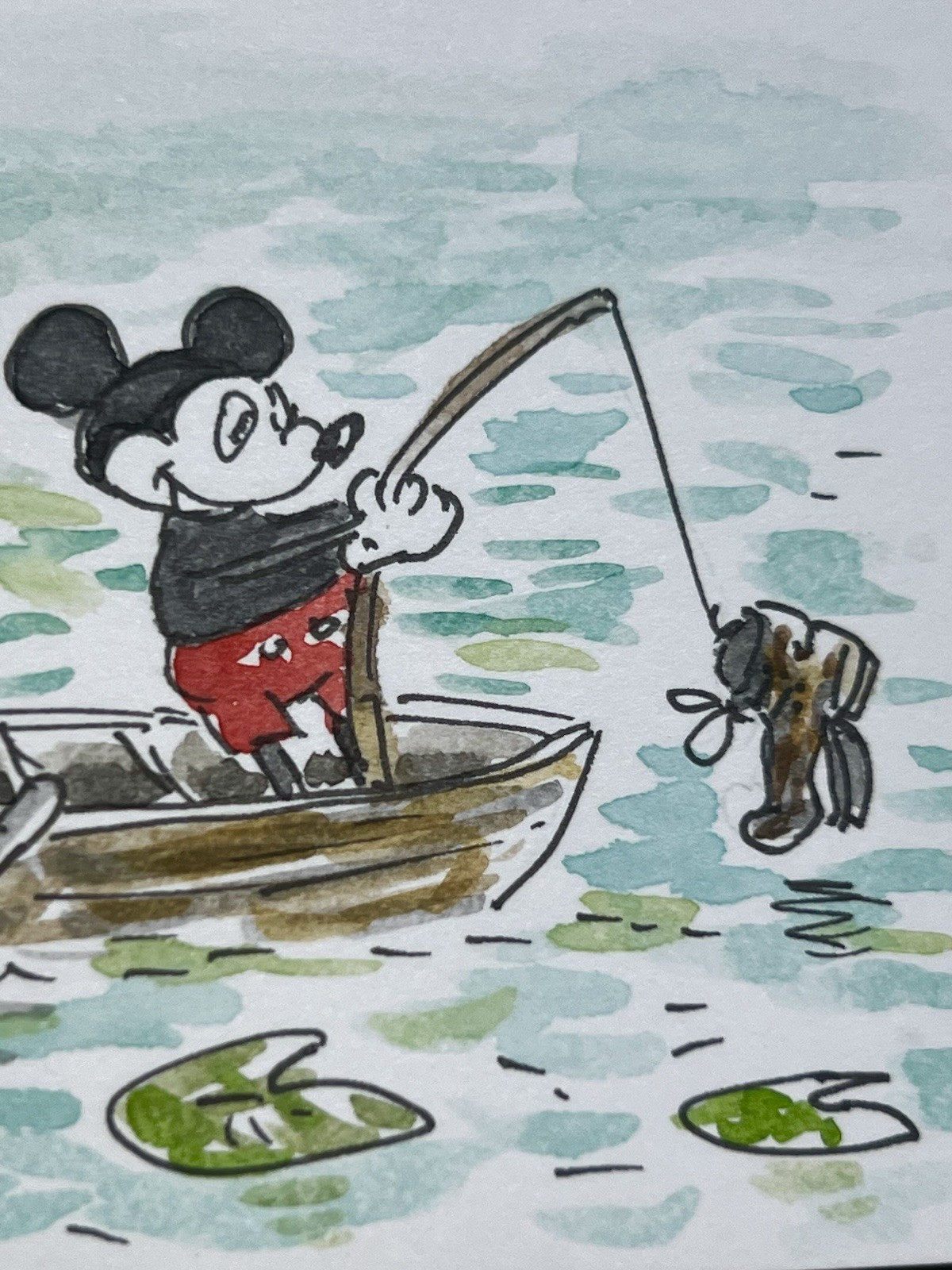 Original ACEO Vintage Mickey Mouse Fishing Mixed Media Monika Chovan OOAK