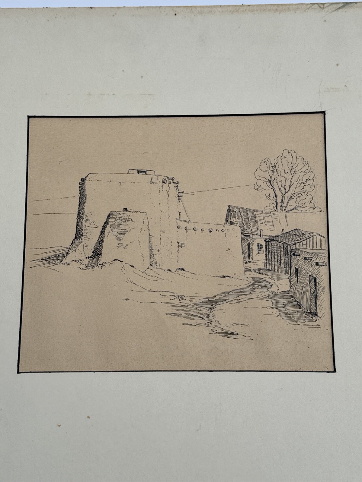 ALLEN LEWIS DRAWING ANTIQUE MISSION CORDOVA NEW MEXICO LANDSCAPE CHURCH FAMOUS