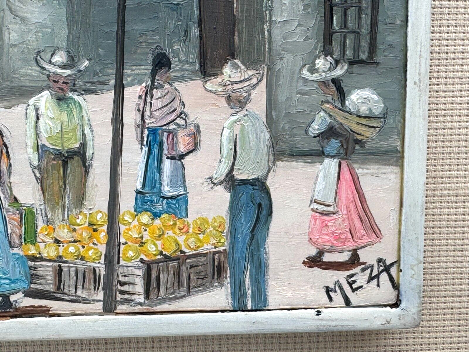 MEZA SIGNED OIL PAINTING SPANISH MARKET STREET VENDORS SOUTH AMERICAN ANDES ART