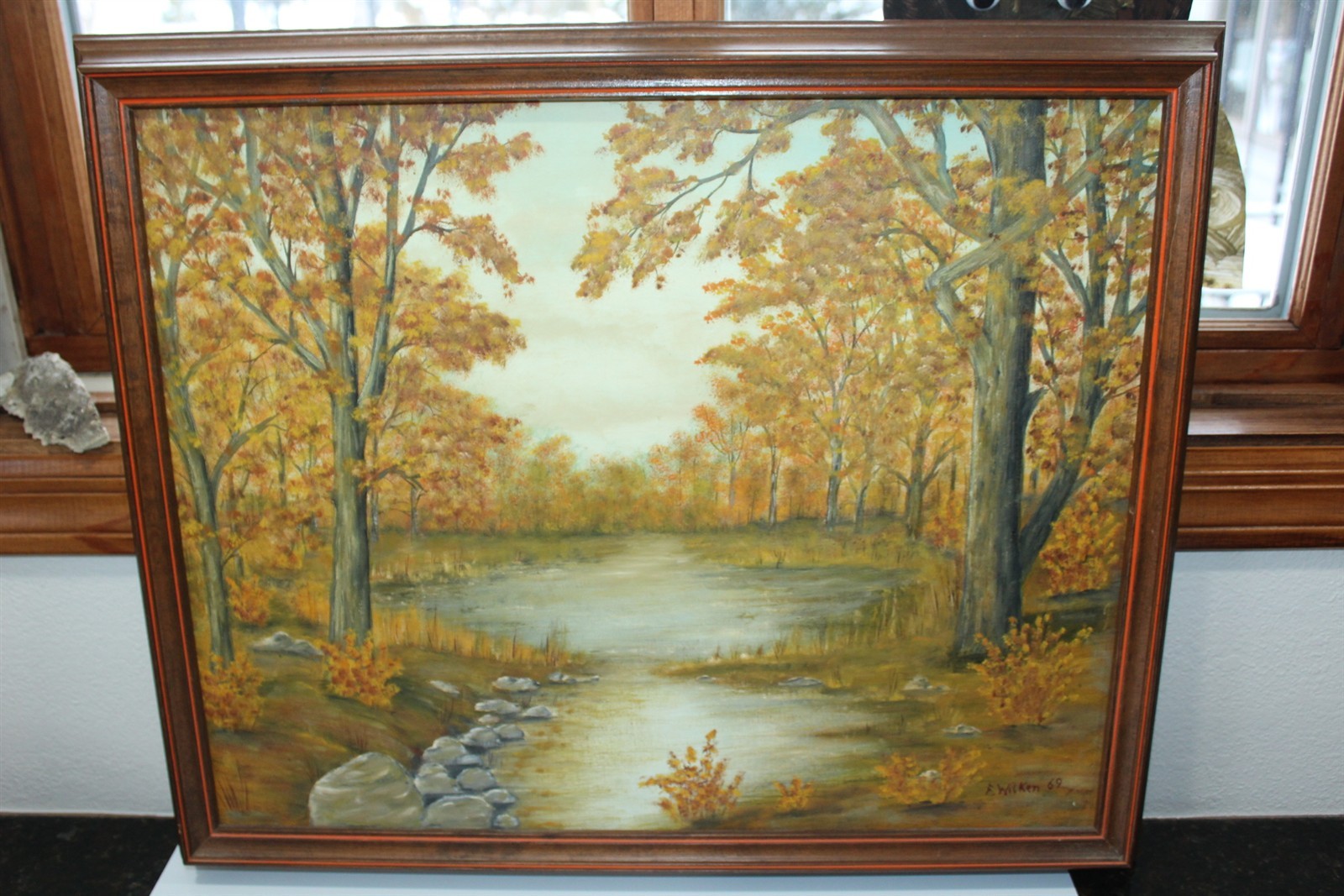 Vintage 1969 Wall Art Framed Painted On Canvas Oil / Acrylic Nature Water Trees