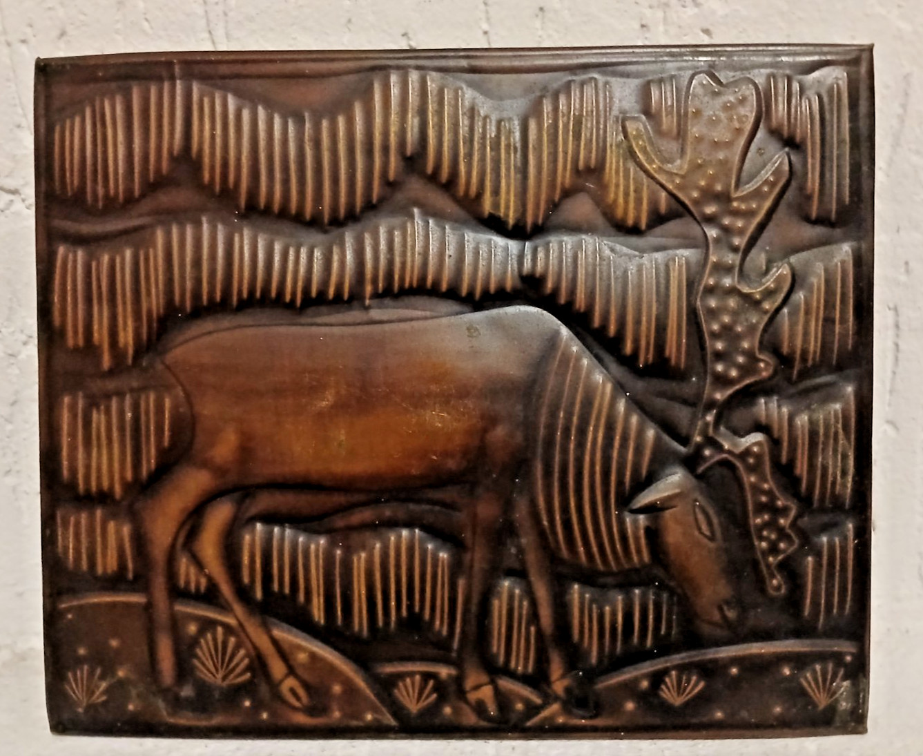 Antique painting on copper. Elk. Copper embossing. USSR.