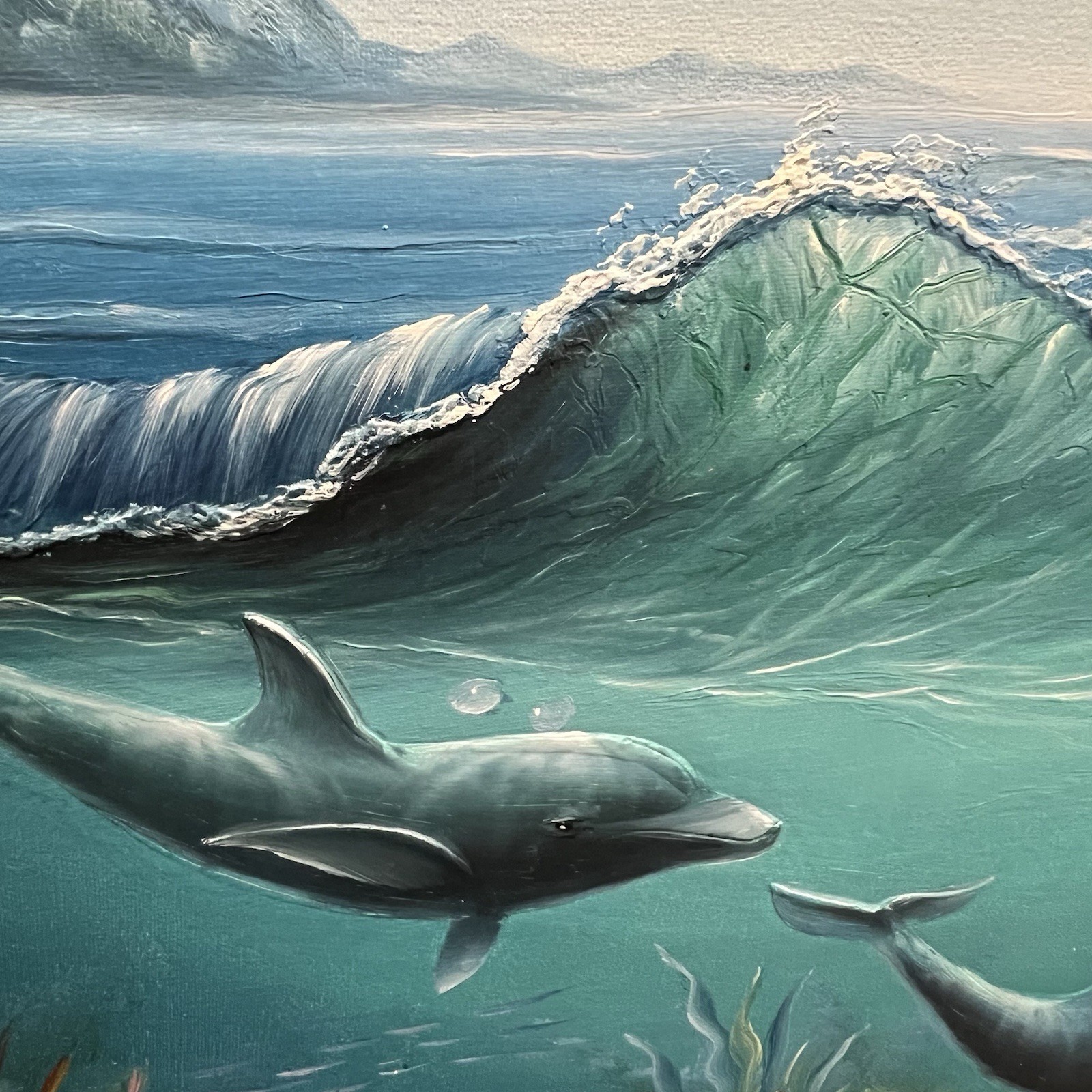 C. Benoit Original Dolphin Ocean Scene Oil Painting Framed 26×29 Coastal Art