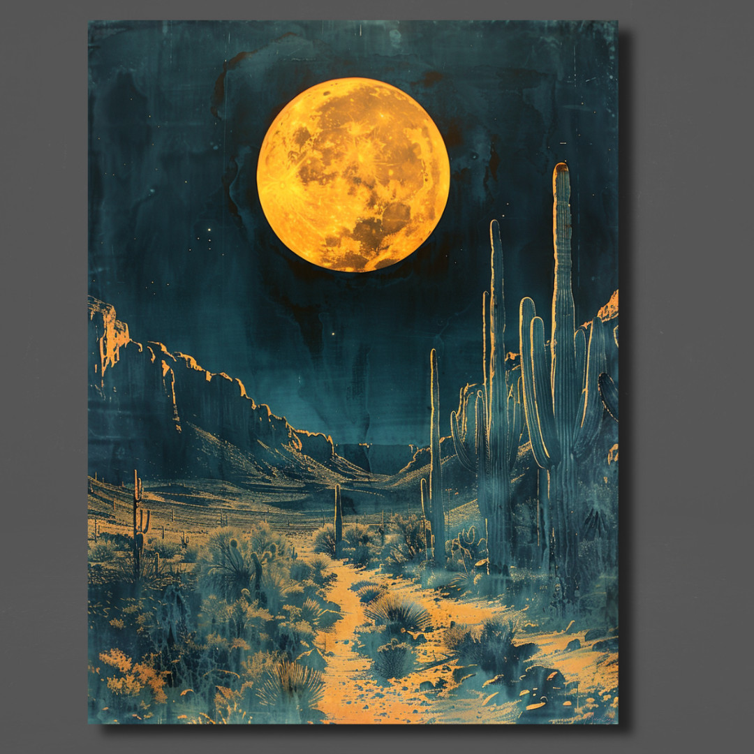 MacKenzie Reynolds Full Moon in the Desert Mixed Media Canvas Signed 30×40