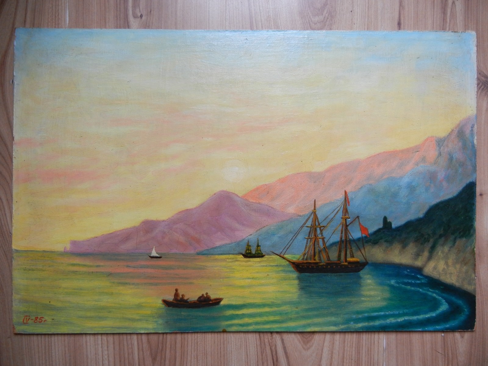 Oil Painting on both sides Landscape Sea ships, harbor, bark and Nude Woman