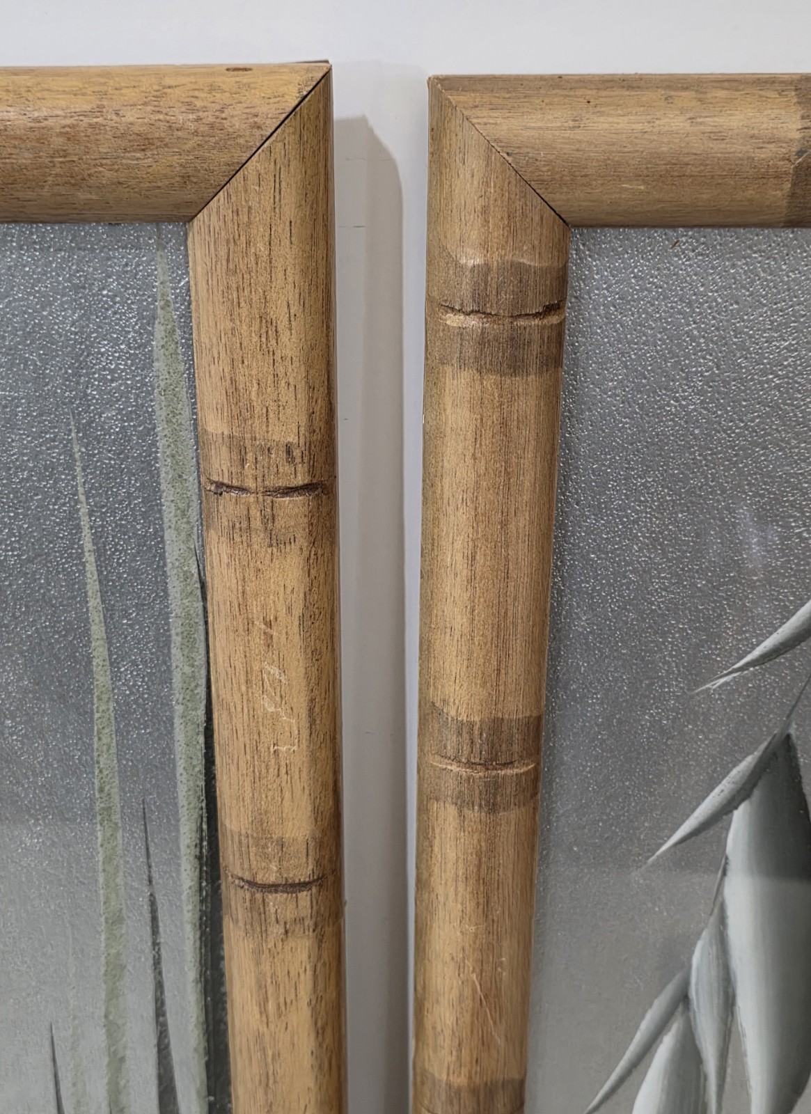 (x2) 1950s MCM Flamingos Original Silver Board Paintings Pair Bamboo Frames…