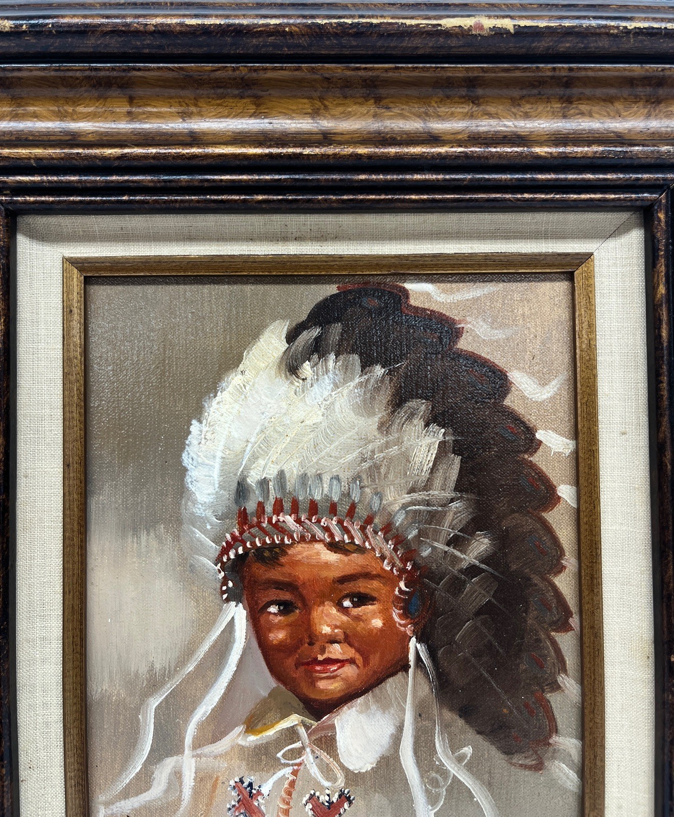 Vtg Original Native American Indian Boy in Headdress Canvas Oil Painting -Stone
