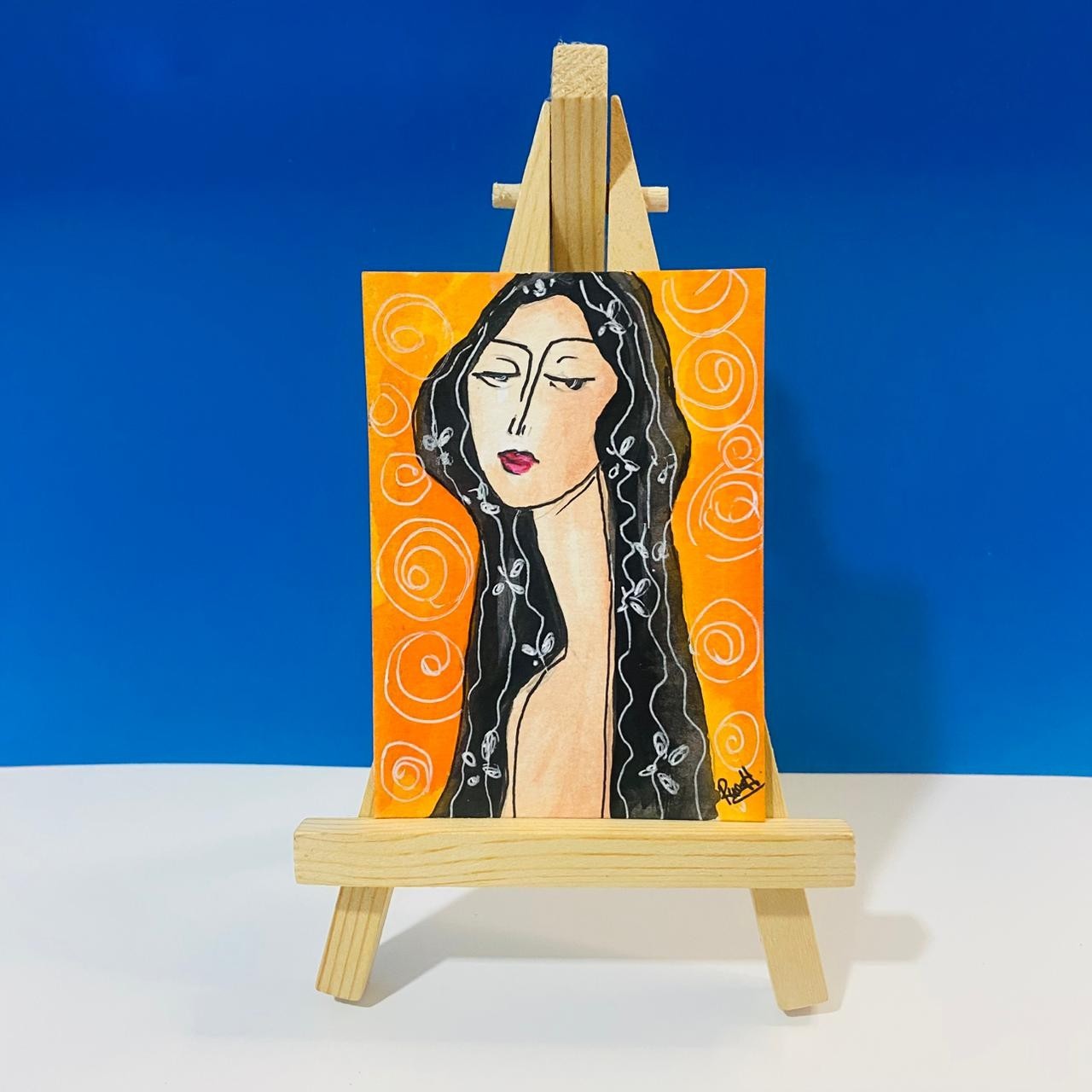 Original Abstract Female Portrait ACEO Art Card Modern Expressionist New