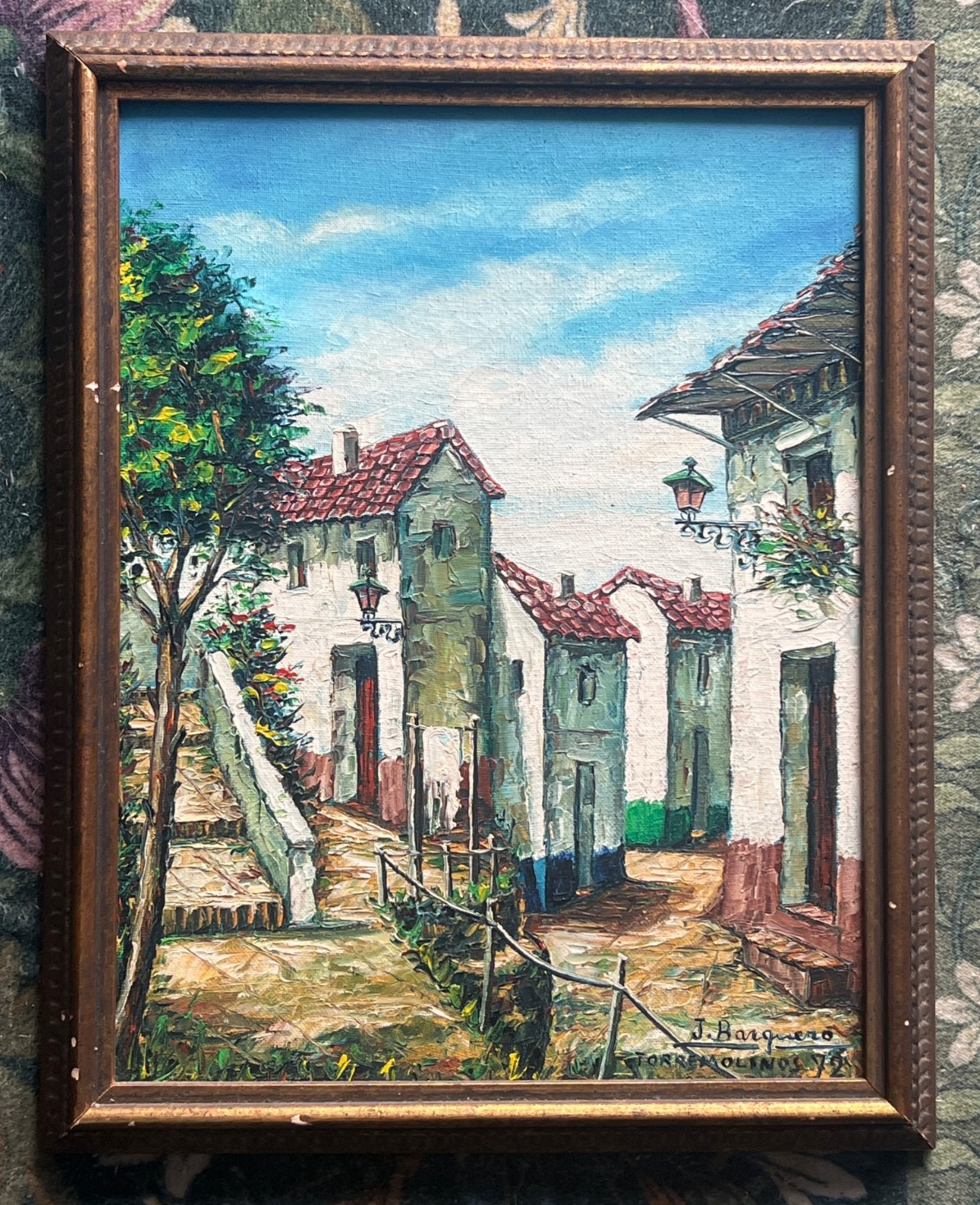 Original Oil Painting Art Spanish Cityscape Street Scene Torremolinos Spain 1972