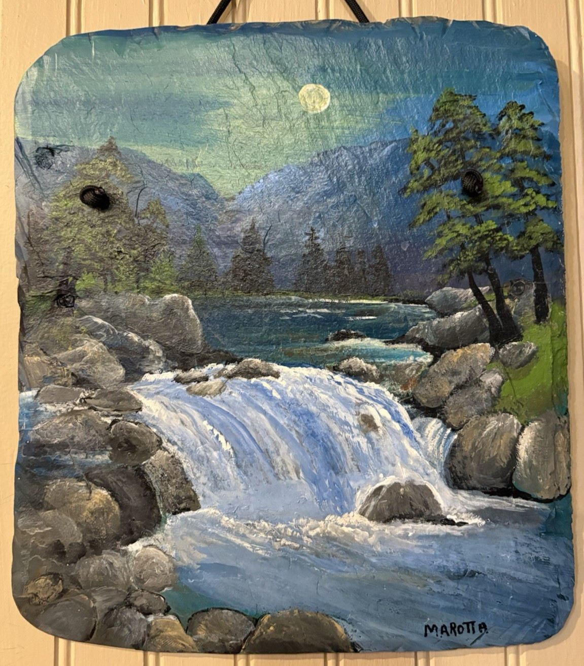 Hand painted art acrylic painting on slate nature landscape water fall scene