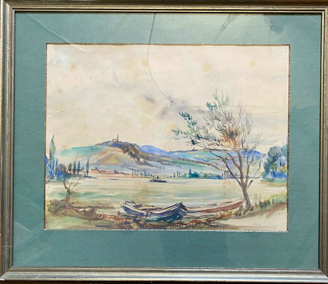 Watercolor Lake With Mountain Landscape And Castle Rowing Boats On The Moselle