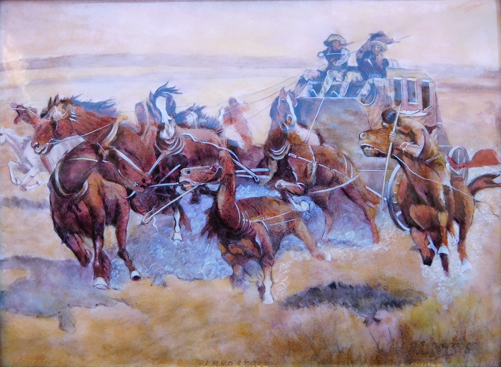 1900s Limoges Enamel Copper Western Stage Coach American CraZy Horse Painting !