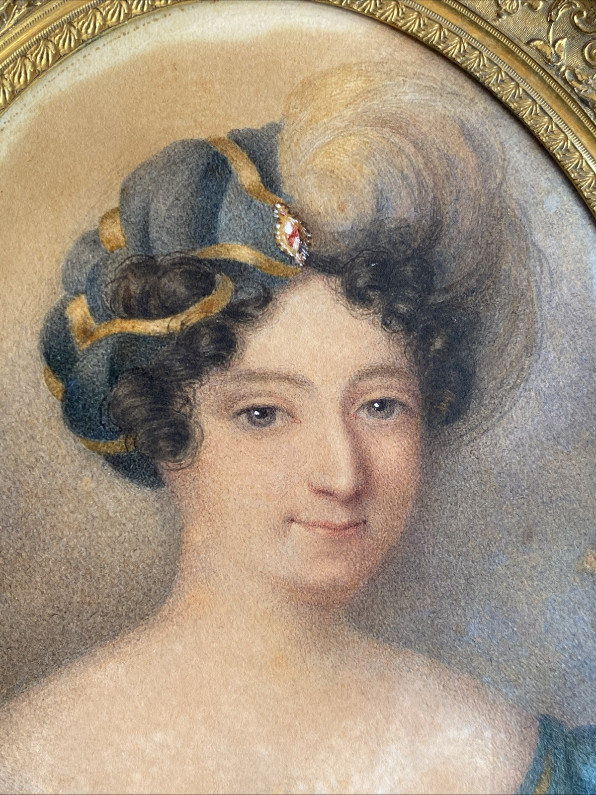 Russian Signed 19th Century Framed Oval Watercolor Portrait of a Woman, 1822