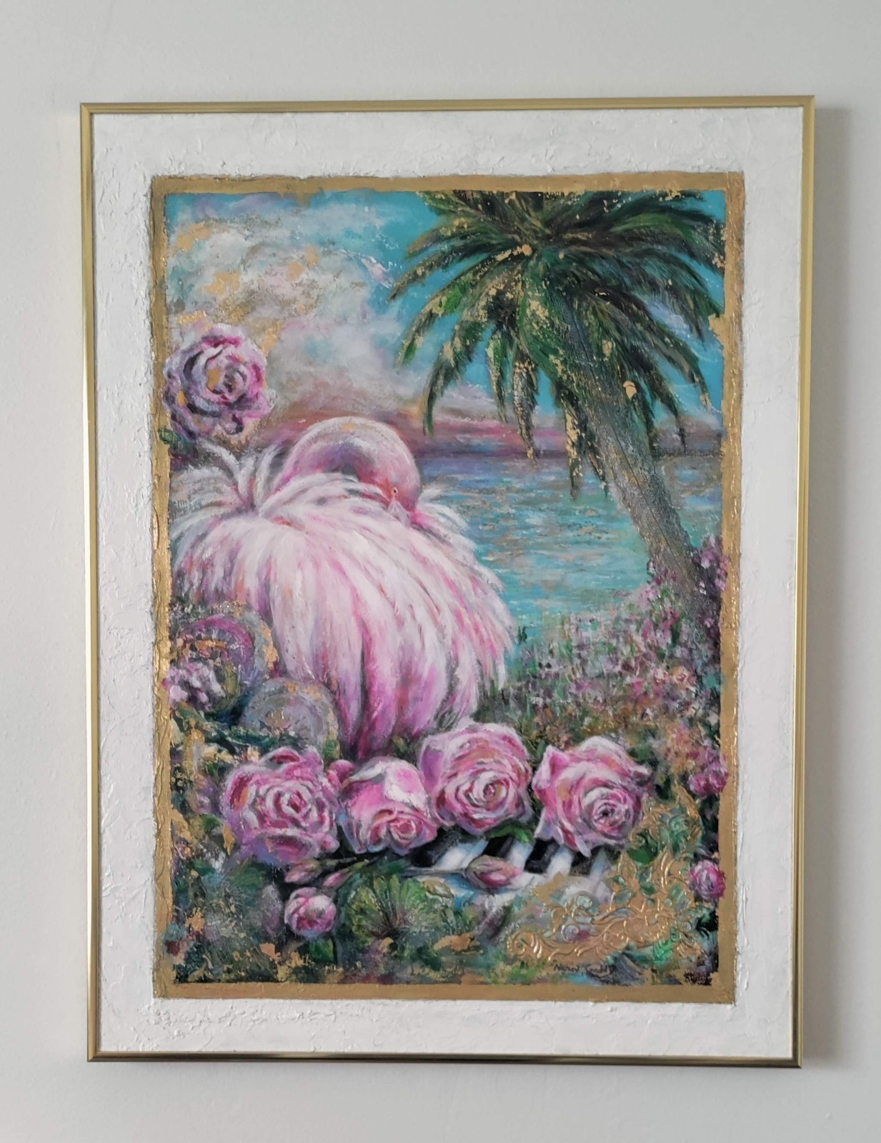 Original Expressionist Golden Tropical Flamingo 18 x 24 Framed Oil Painting