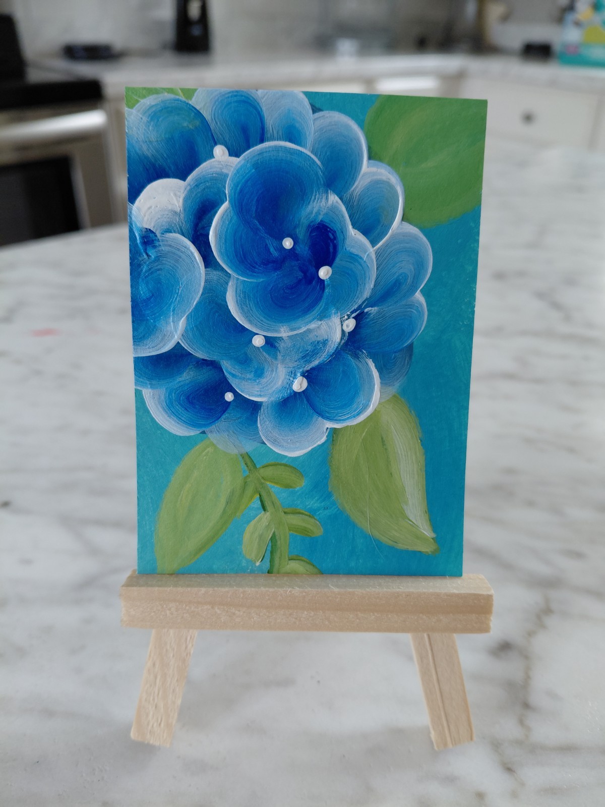 Aceo Original Painting Acrylic Flowers Hydrangea Blue Series 1 Of 5 2.5×3.5
