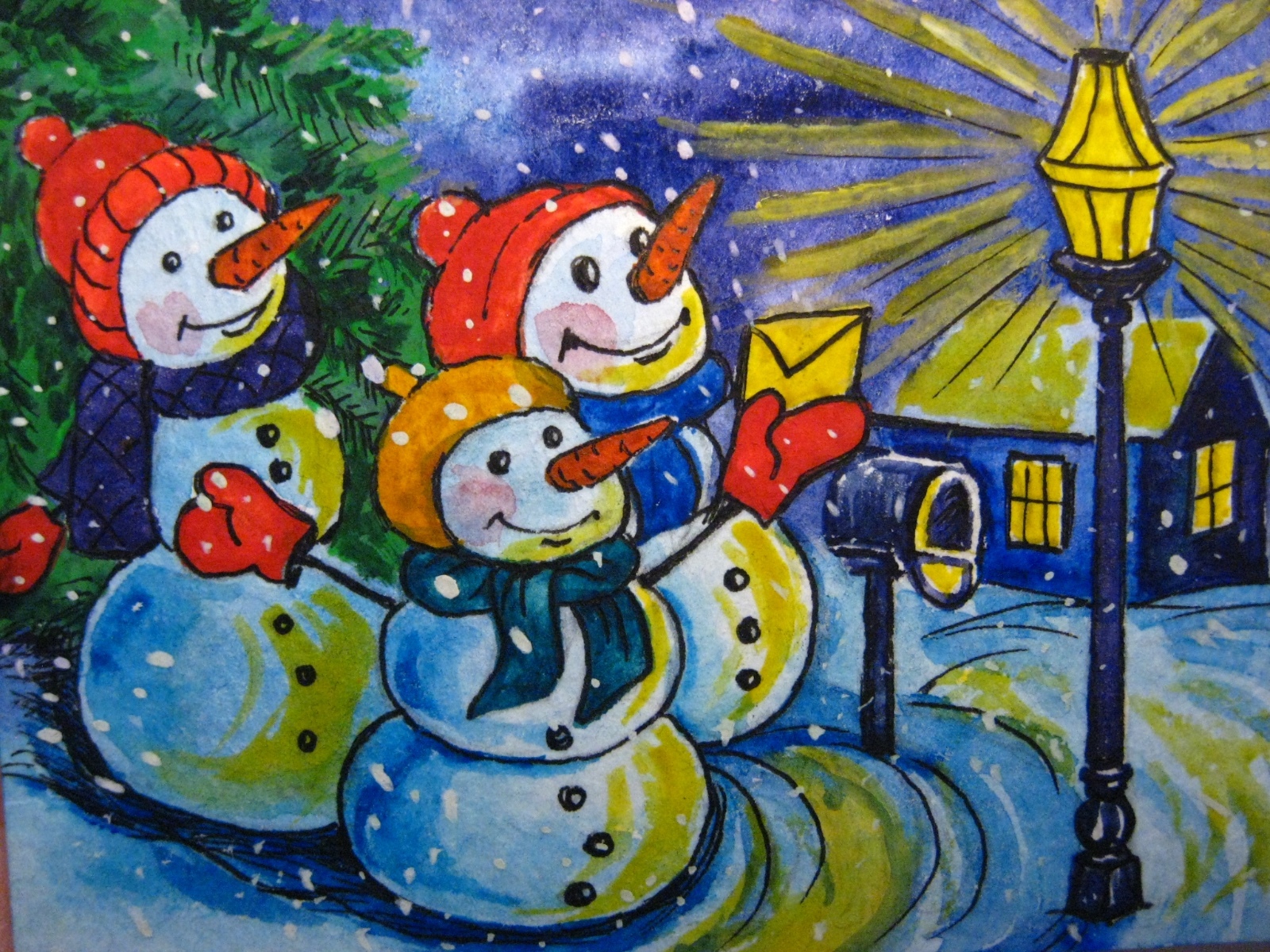 Winter Christmas Snowman Letter Mailbox Snow Country Folk Art Collectible ACEO