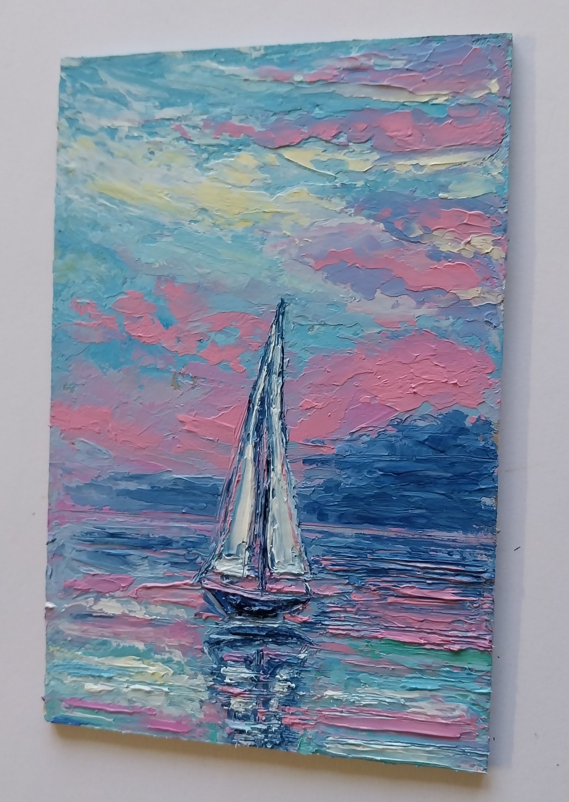 Framed Sailboat Art Mini Calm Seascape Pink Sunrise 4×6” Original Oil Painting