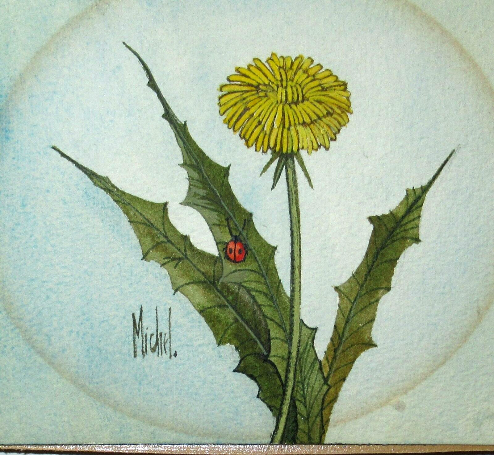 MICHEL LADY BUG ON A YELLOW FLOWER ORIGINAL WATERCOLOR PAINTING