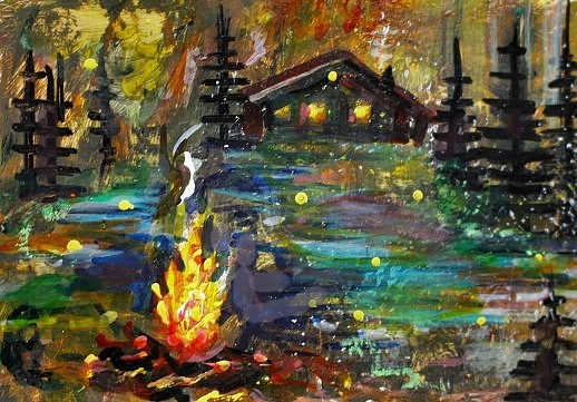 ACEO Original PAINTING Summer CABIN Camping Fire Night Stars Landscape ATC ART