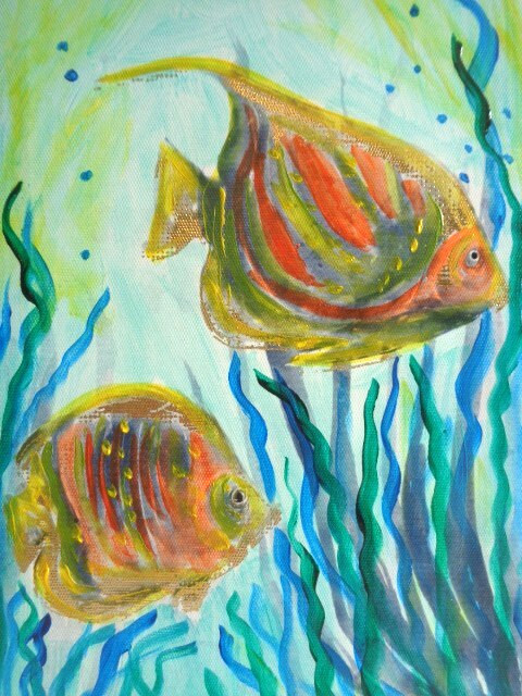 Original COLORFUL UNDER THE SEA OCEAN COLORFUL FISH Painting On CANVAS