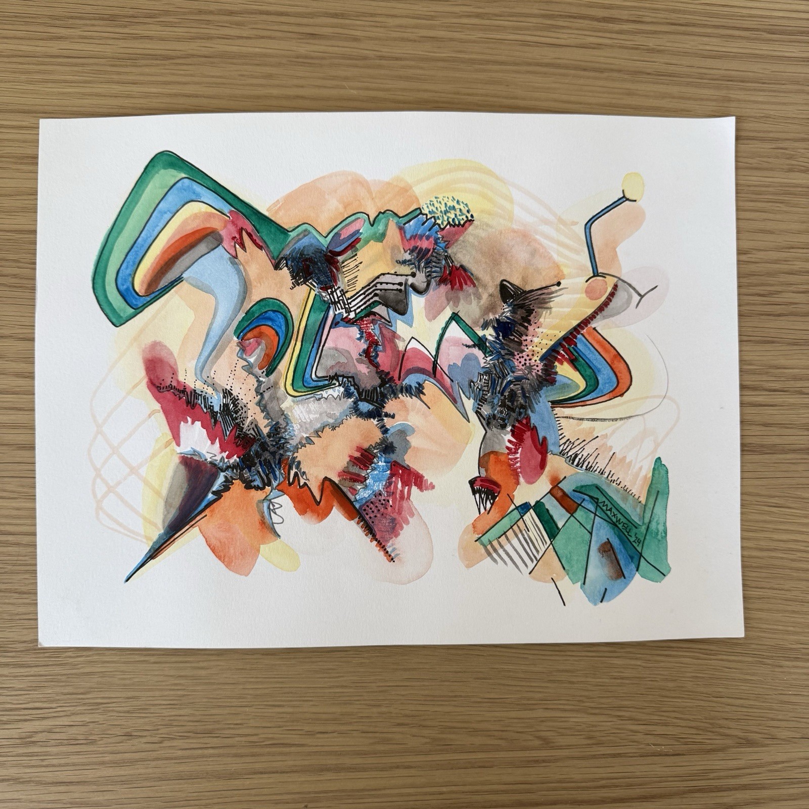 Original Abstract Watercolor Painting Signed «Color Tension» by Maxwell 12″ × 9″