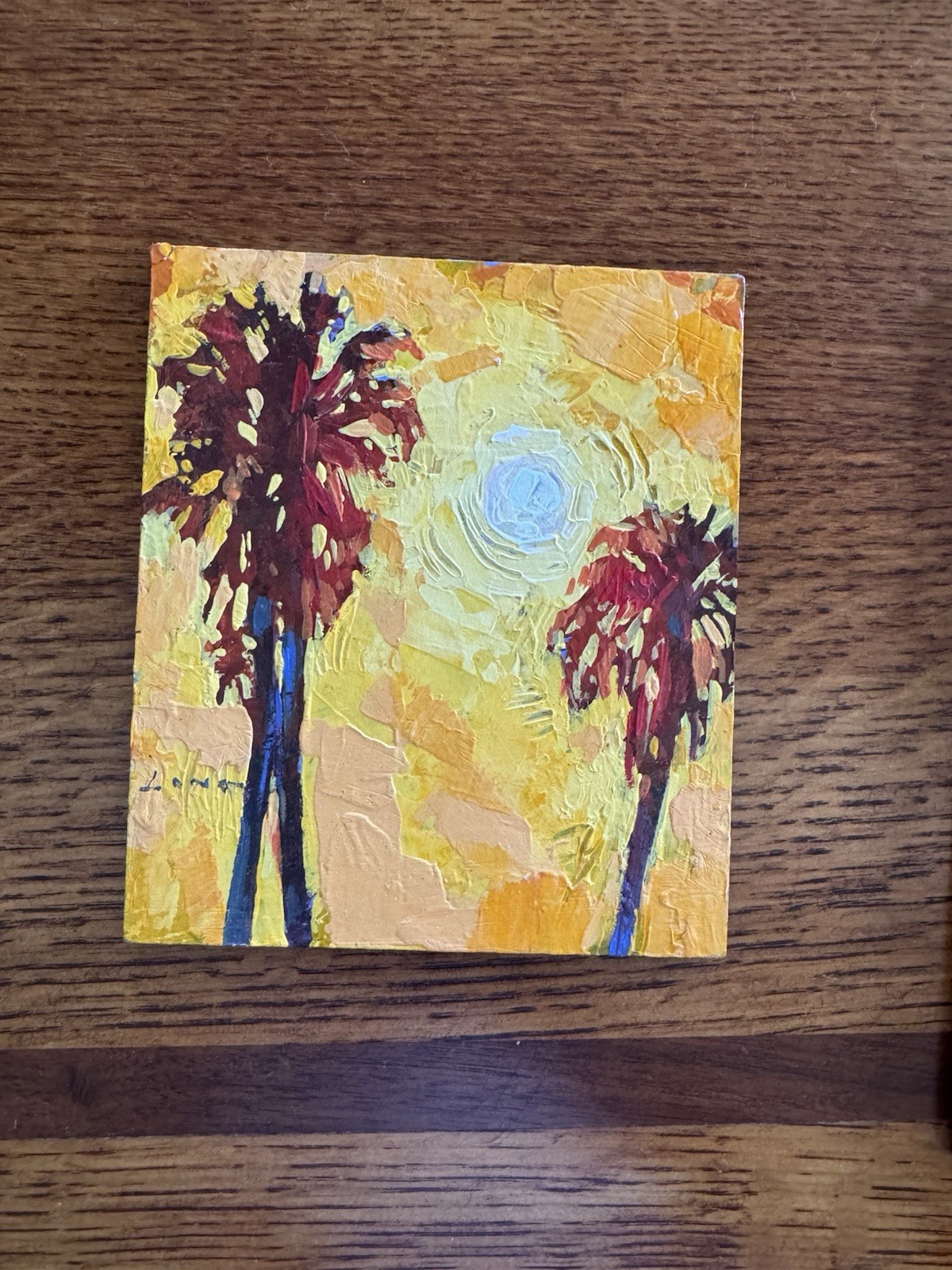CHRIS LONG Artist – Abstract Palm Trees and Sun Original Oil on Board