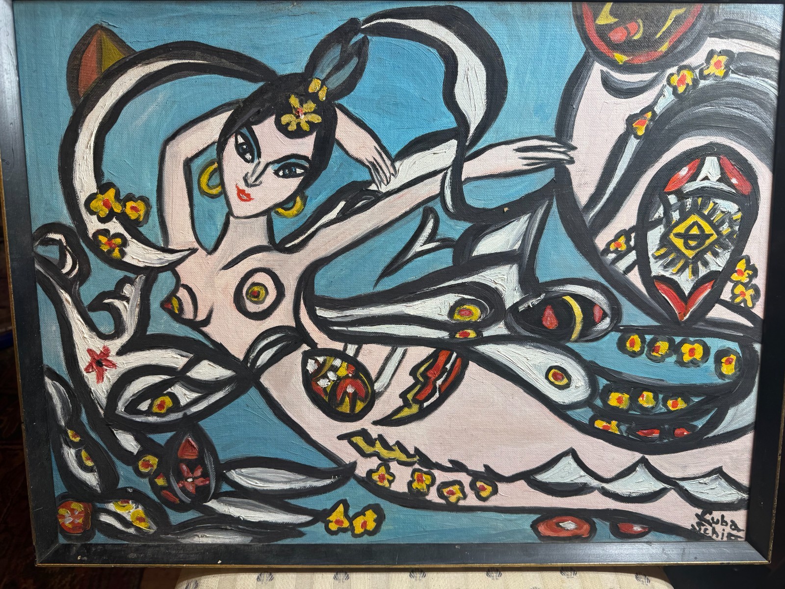 Luba Schiff Framed Figural Mermaid Painting on Canvas Signed Folk Modern 24 x 18