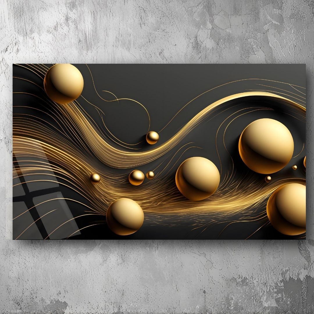 3D Painting Abstract Gold Spheres Art UV Printed Acrylic Glass Wall Decor