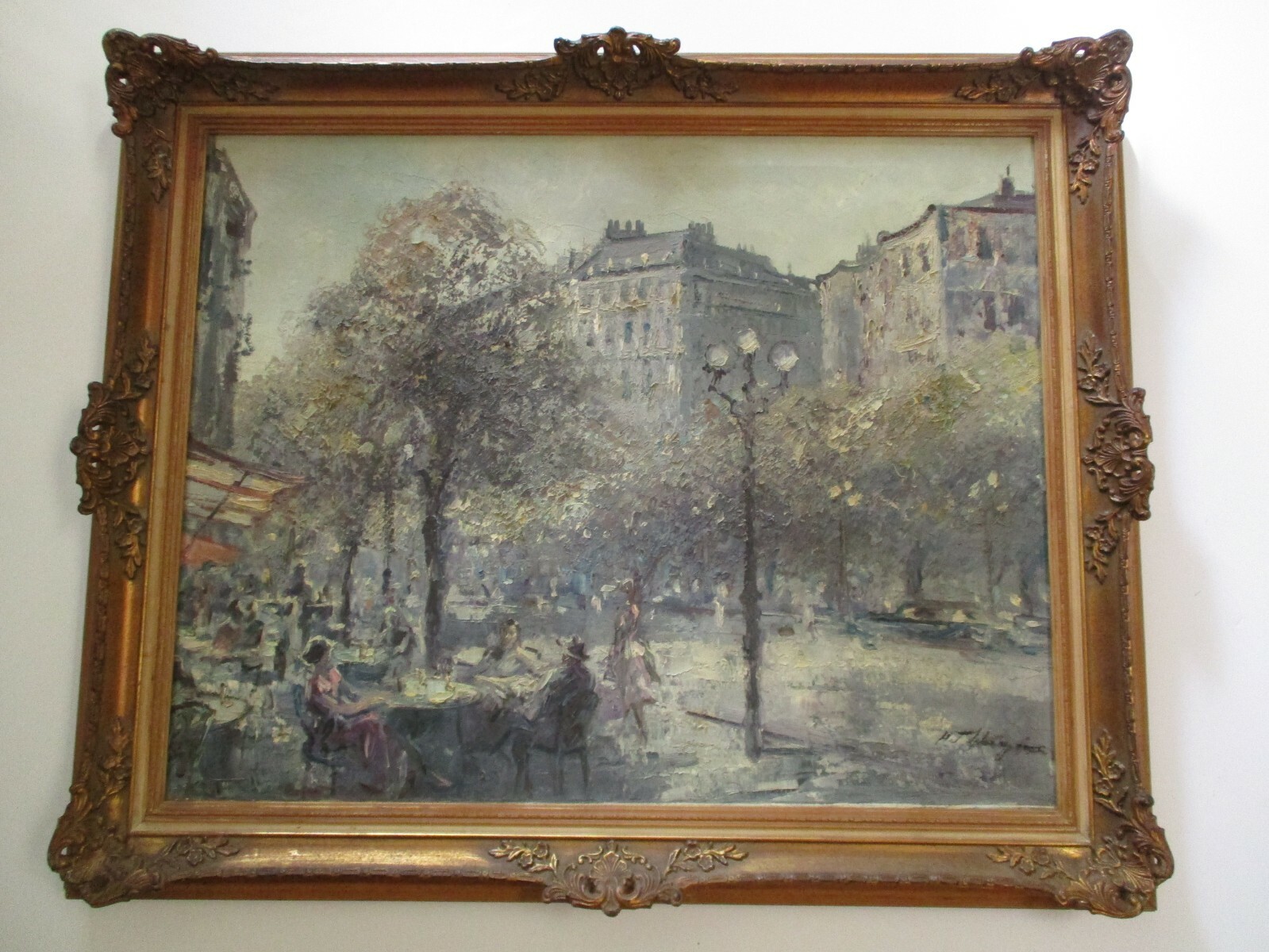 HANS JORG WAGNER LARGE IMPRESSIONIST PAINTING STREET SCENE CAFE FIGURES OLD CAR