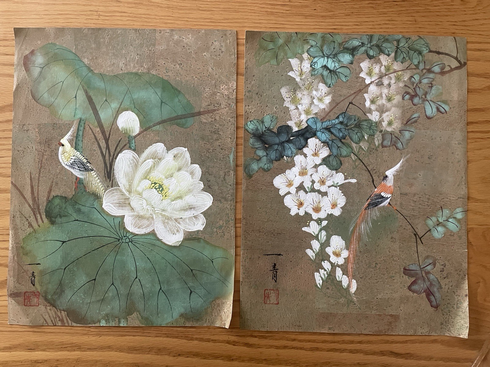 Asian Watercolor Paintings Bird & Flowers Oriental Painting Unframed 16 x 12