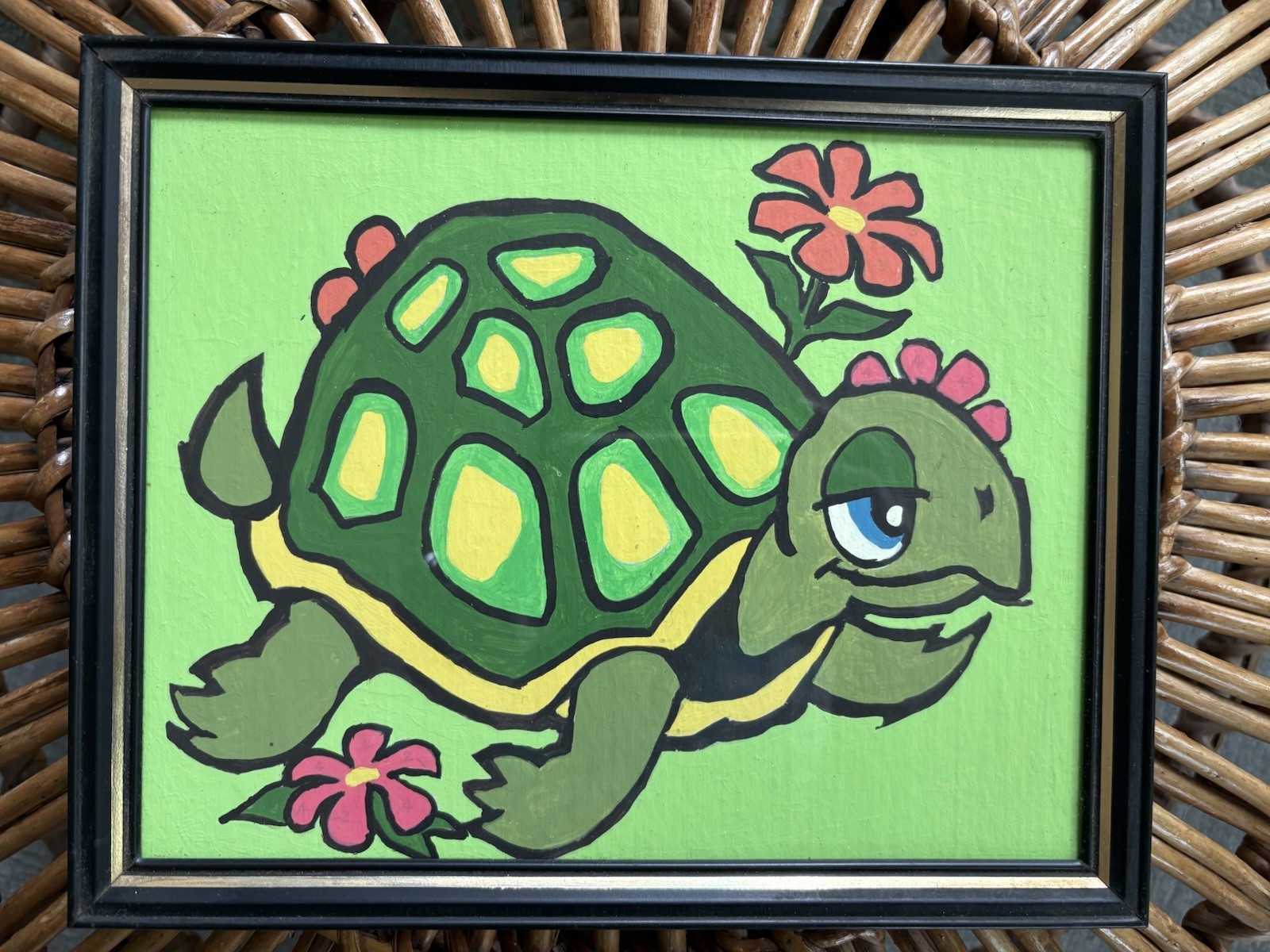 Vintage 60’s 70’s Painting Hippie Happy Turtle w/Flowers Framed 8” X 10”