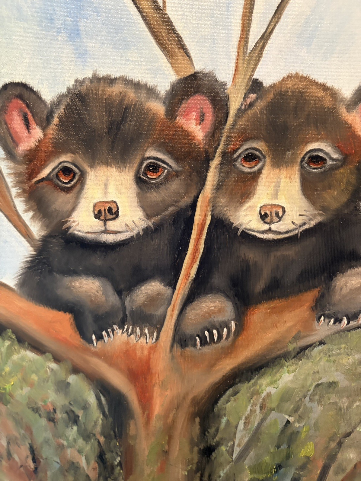 Original oil painting 11 x 14 inch cute brown bear cubs – free shipping