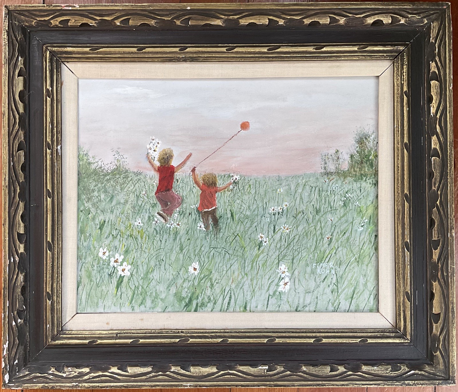 Vintage painting of two childtwo children playing in a daisy field Signed 20”
